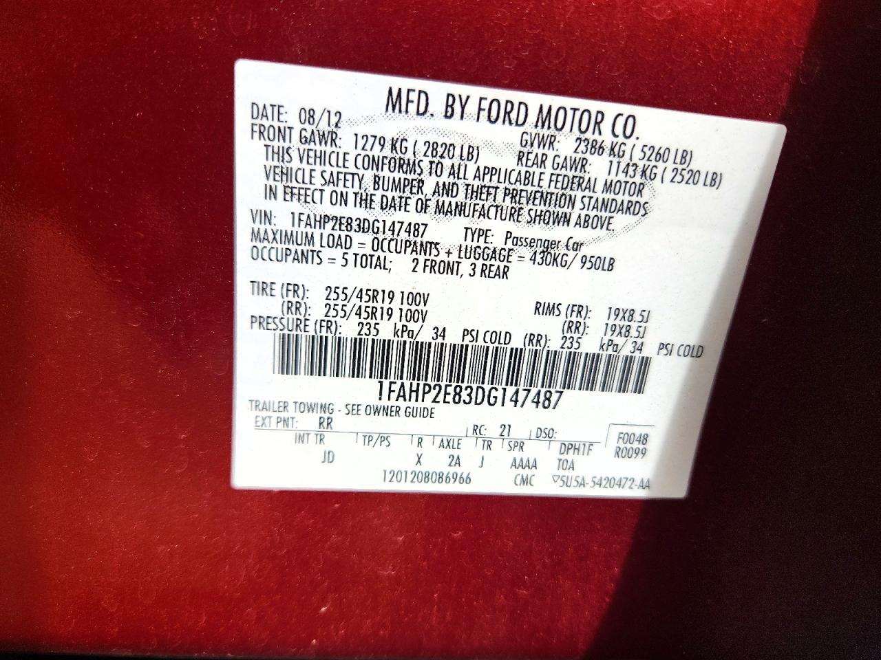 2013 Ford Taurus Sel Red vin: 1FAHP2E83DG147487