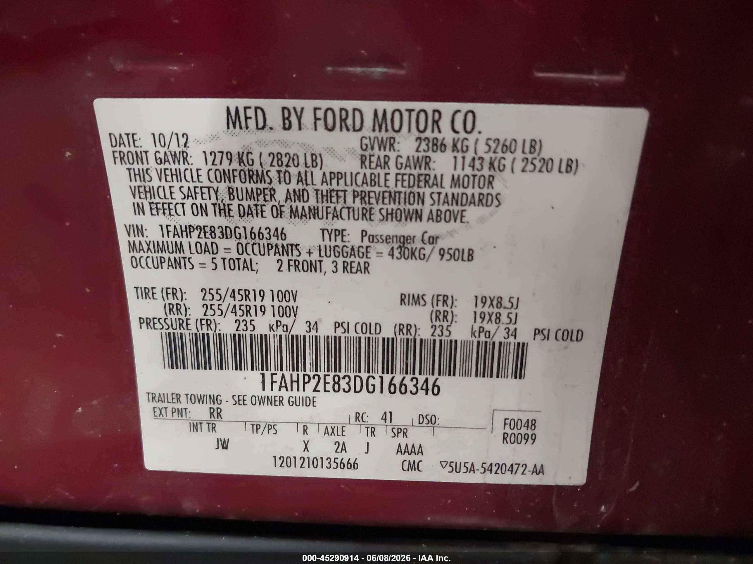 2013 Ford Taurus Sel Red vin: 1FAHP2E83DG166346