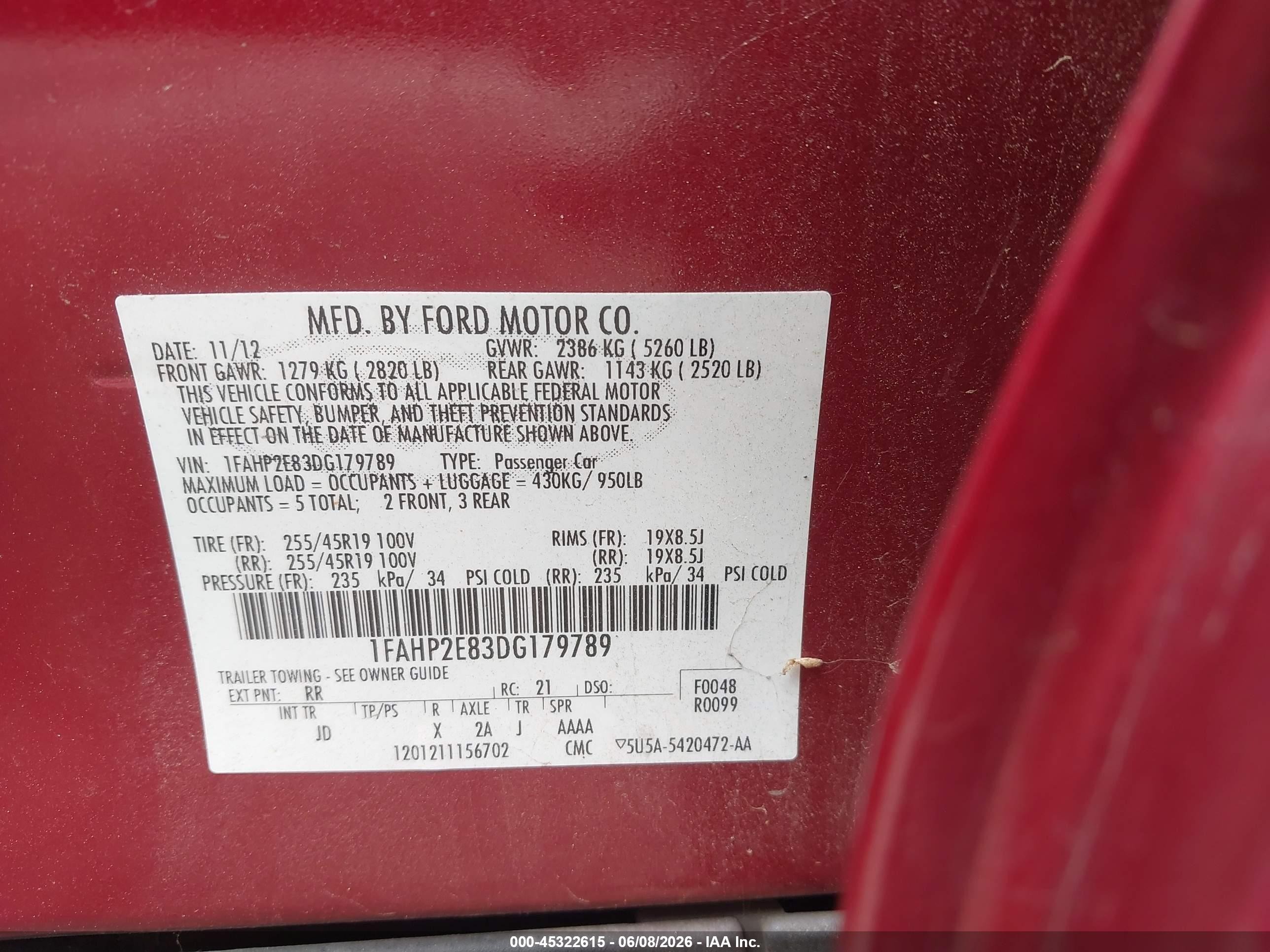 2013 Ford Taurus Sel Red vin: 1FAHP2E83DG179789