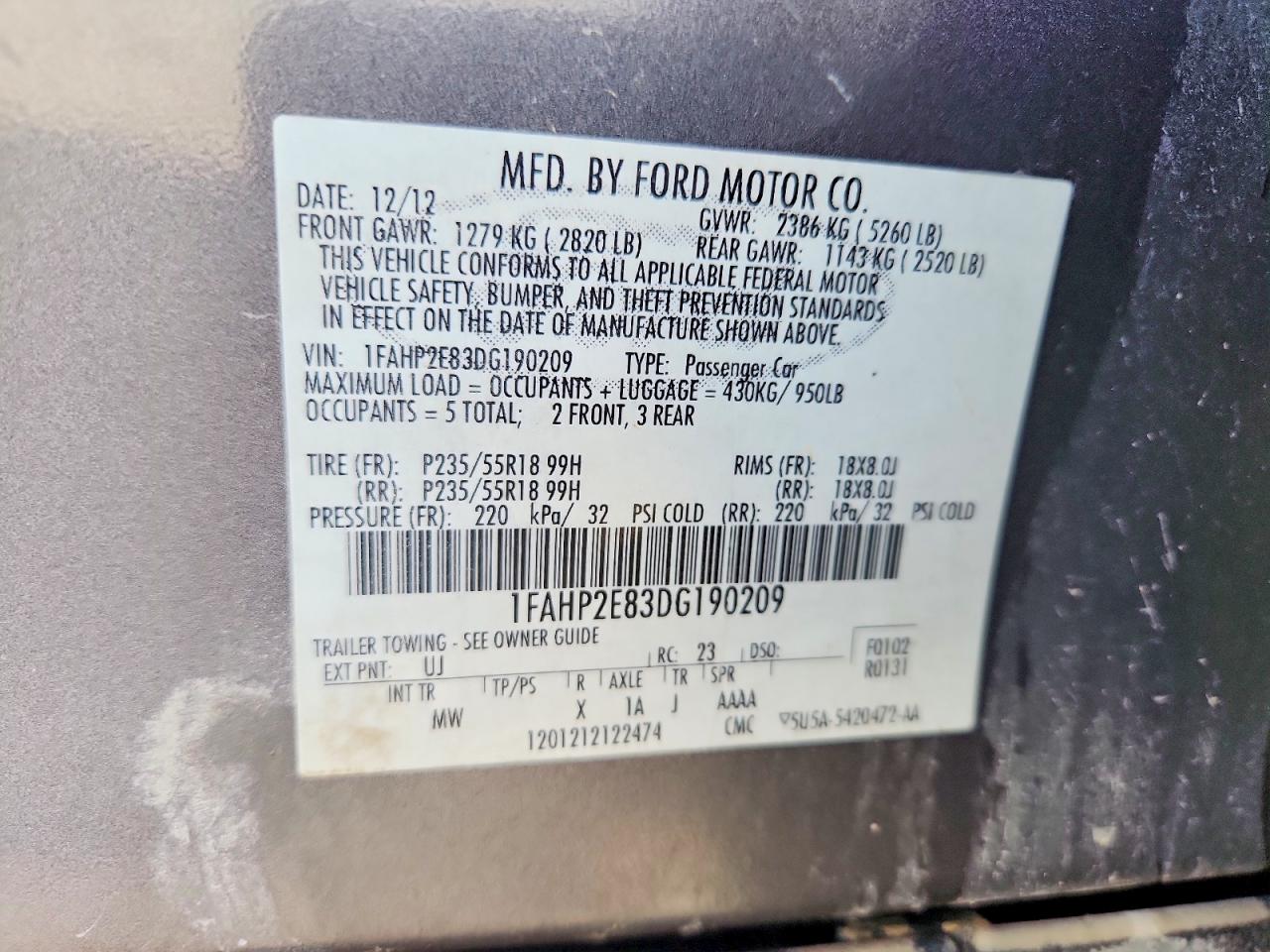 2013 Ford Taurus Sel Charcoal vin: 1FAHP2E83DG190209