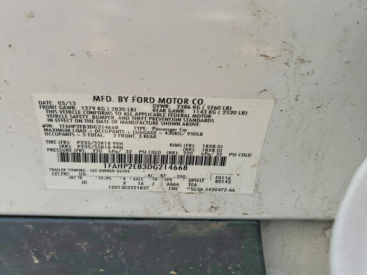 2013 Ford Taurus Sel White vin: 1FAHP2E83DG214668