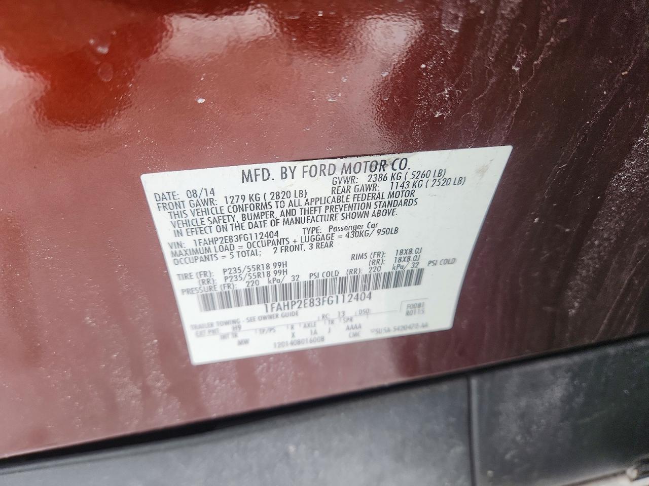 2015 Ford Taurus Sel Burgundy vin: 1FAHP2E83FG112404