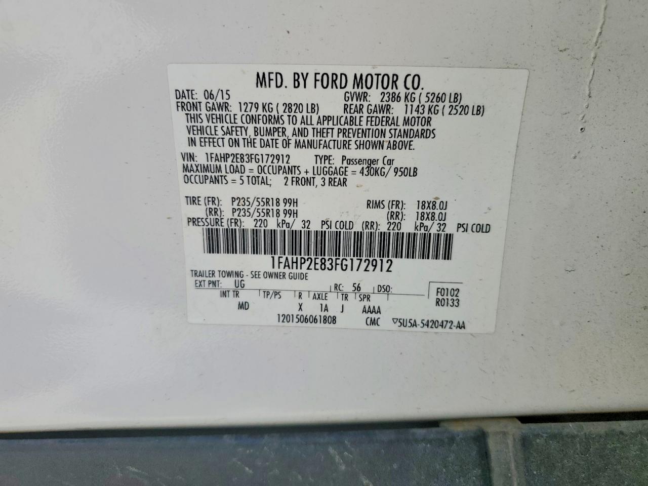 2015 Ford Taurus Sel White vin: 1FAHP2E83FG172912
