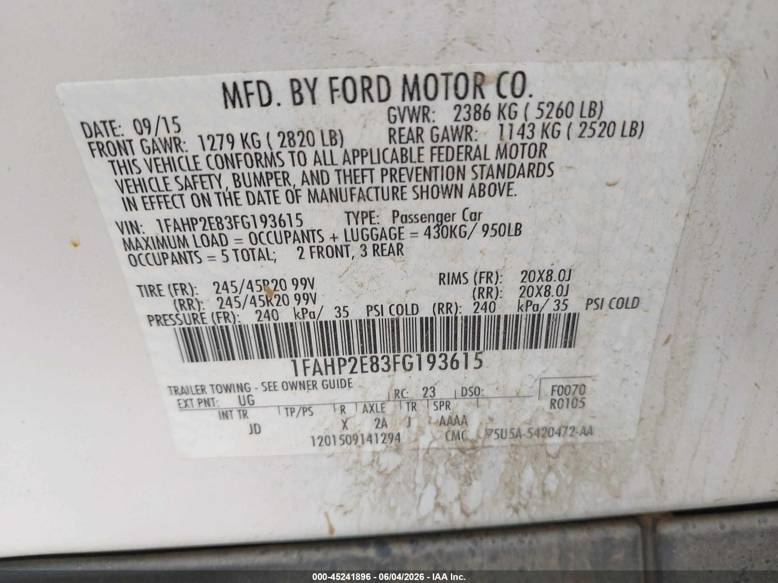 2015 Ford Taurus Sel White vin: 1FAHP2E83FG193615