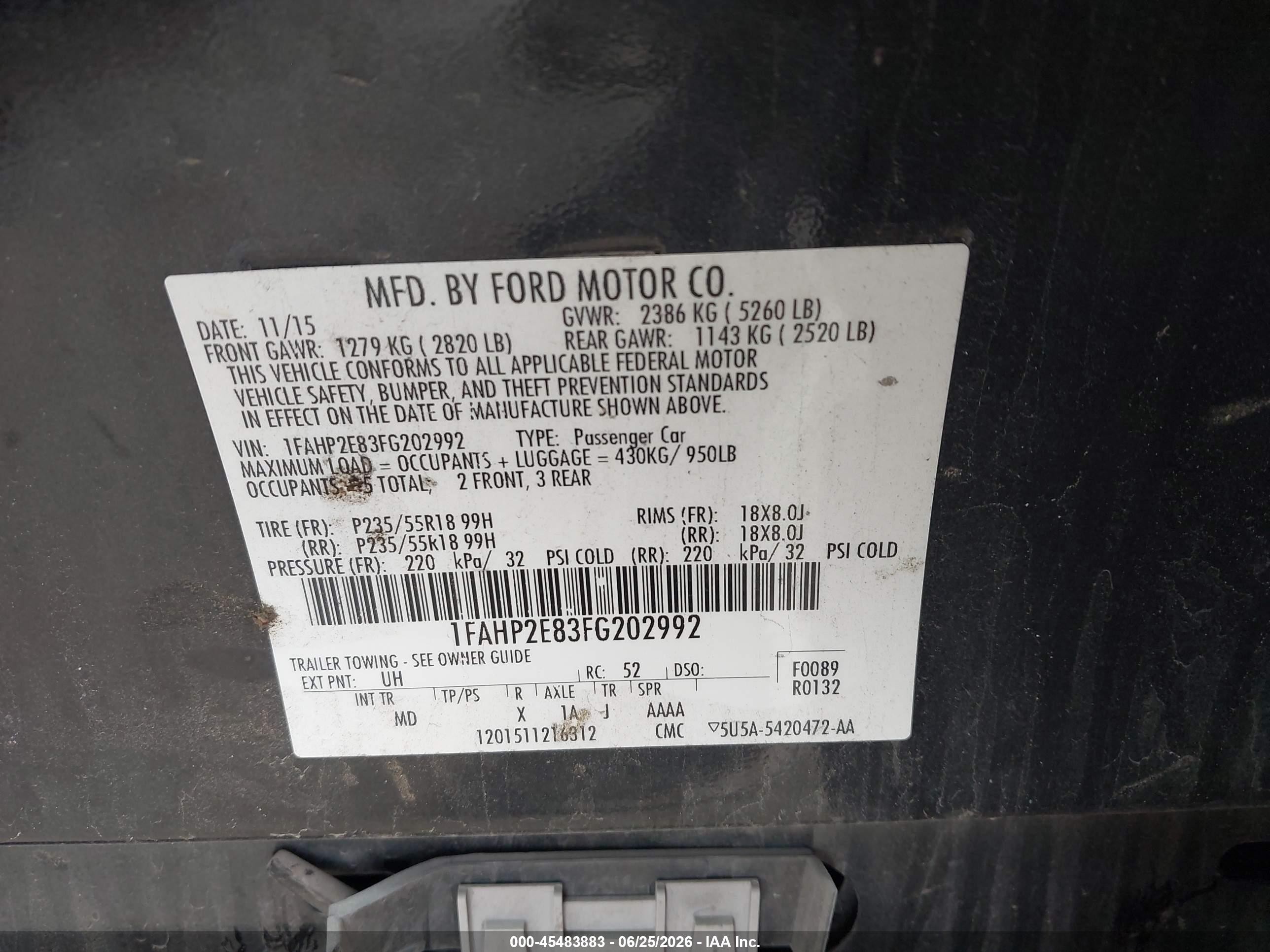 2015 Ford Taurus Sel Черный vin: 1FAHP2E83FG202992