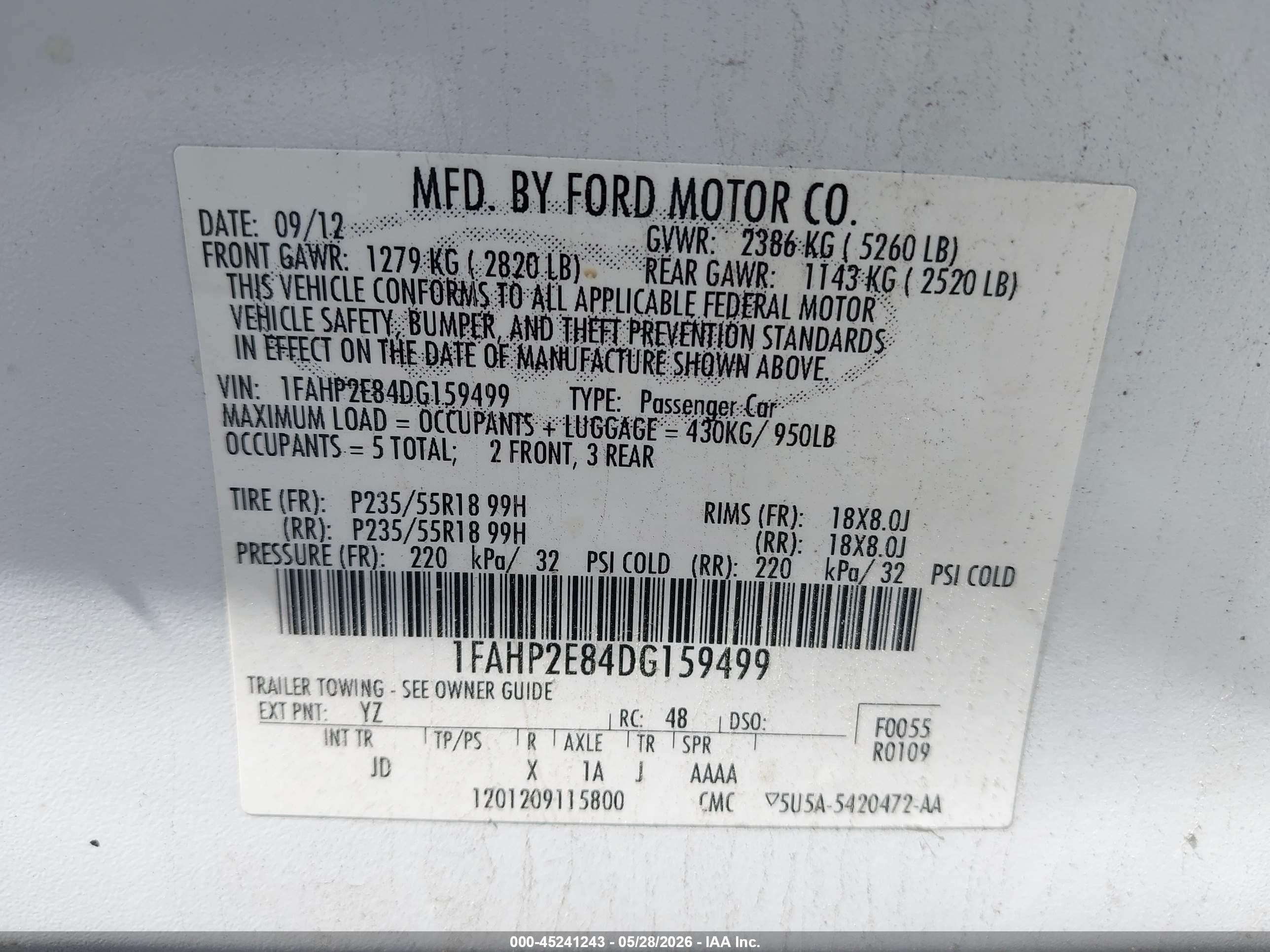 2013 Ford Taurus Sel White vin: 1FAHP2E84DG159499