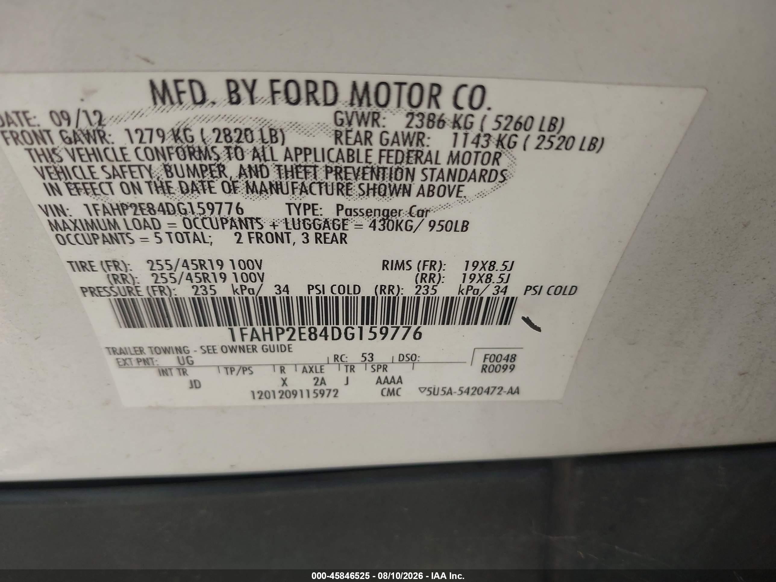 2013 Ford Taurus Sel White vin: 1FAHP2E84DG159776