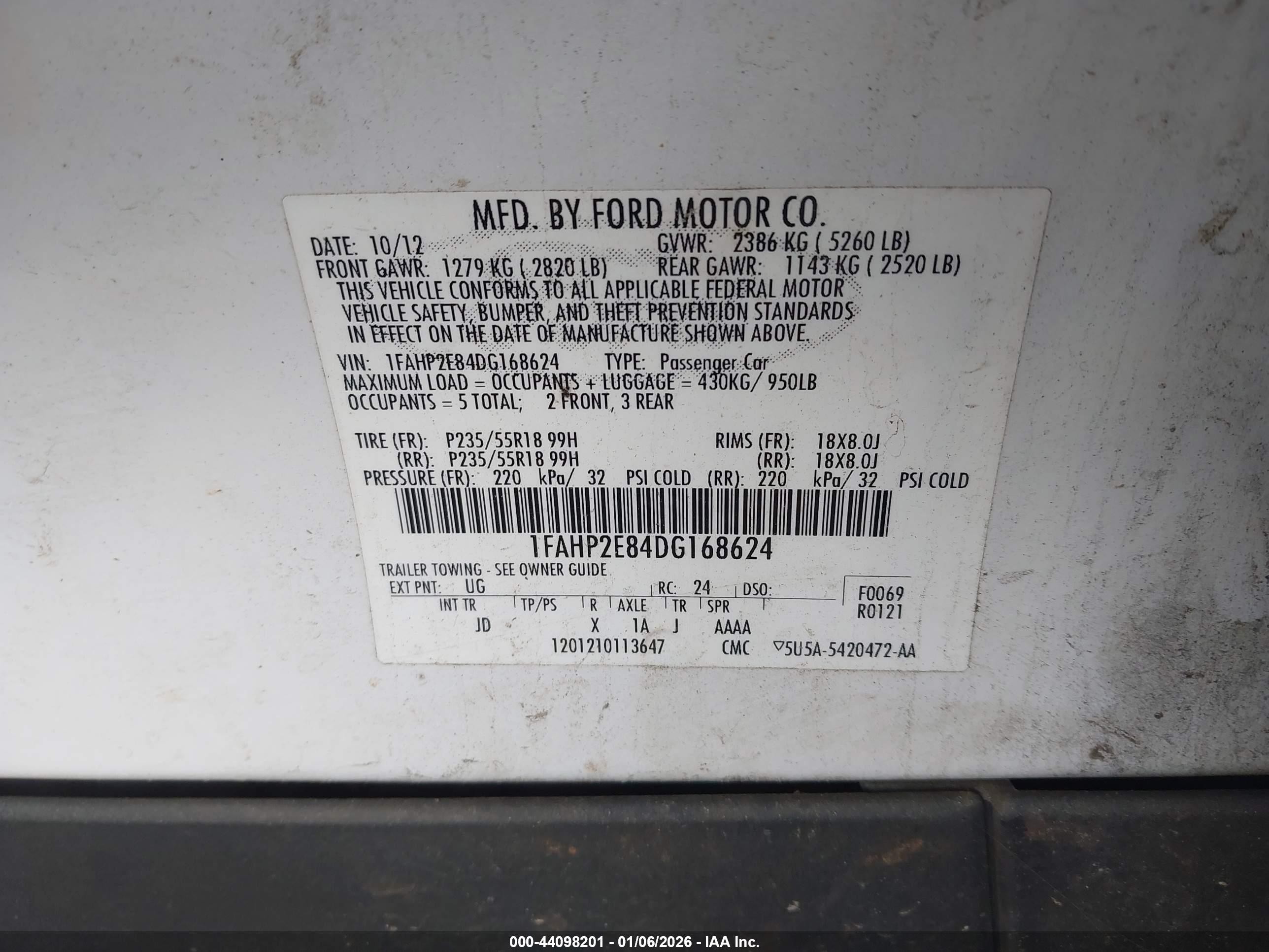 2013 Ford Taurus Sel White vin: 1FAHP2E84DG168624