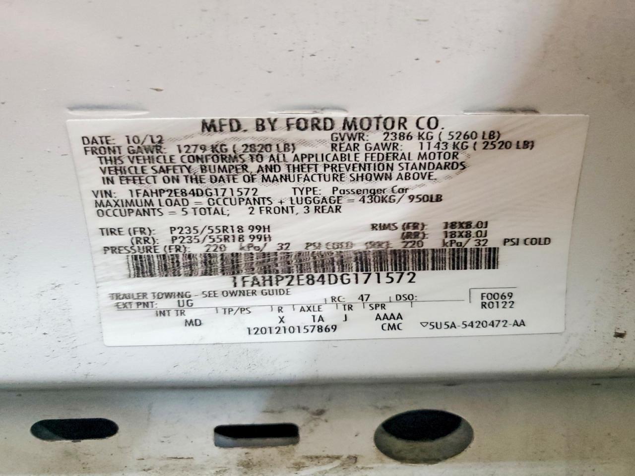 2013 Ford Taurus Sel White vin: 1FAHP2E84DG171572