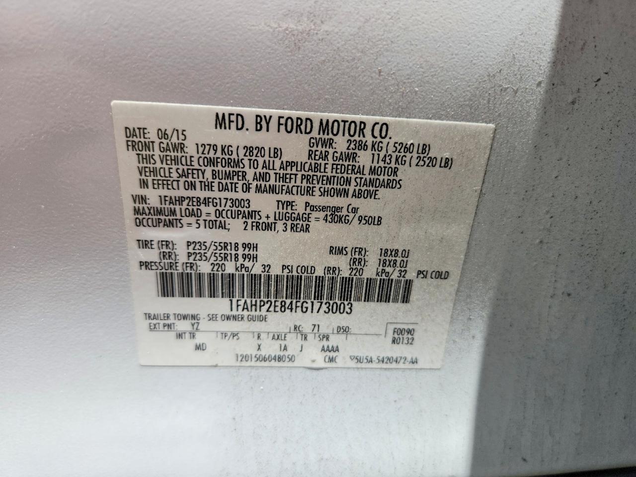2015 Ford Taurus Sel White vin: 1FAHP2E84FG173003