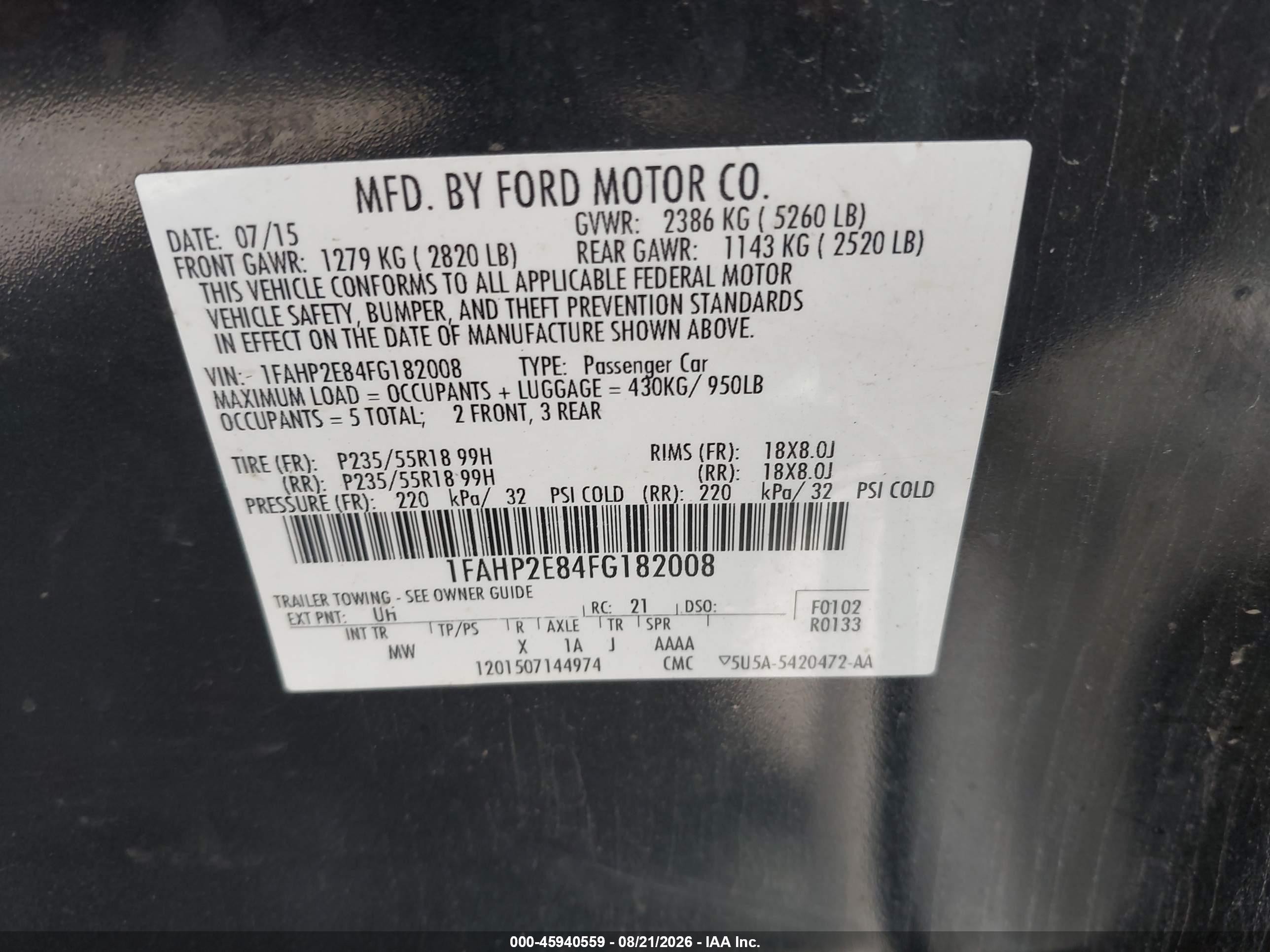 2015 Ford Taurus Sel Black vin: 1FAHP2E84FG182008