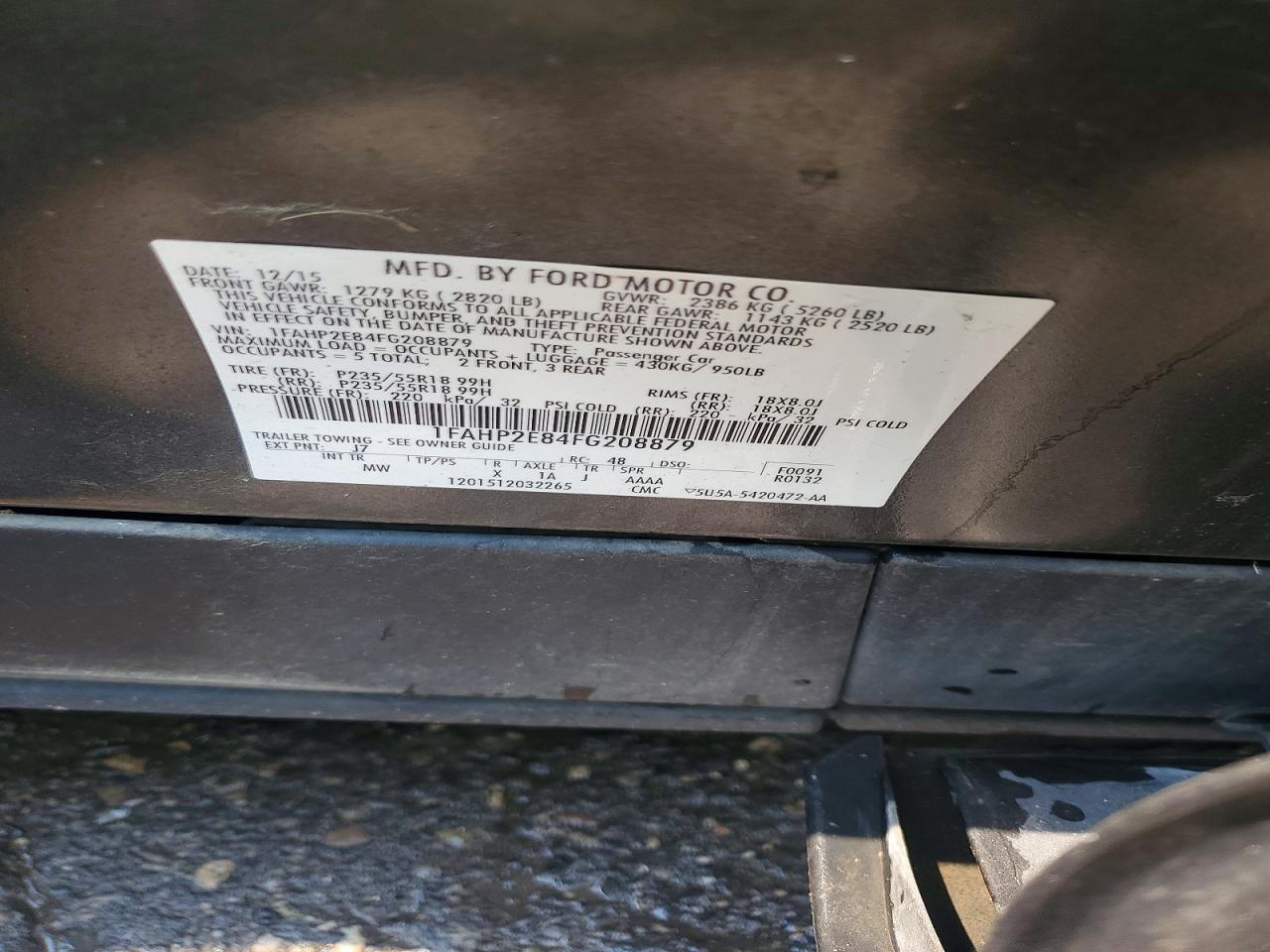 2015 Ford Taurus Sel Charcoal vin: 1FAHP2E84FG208879