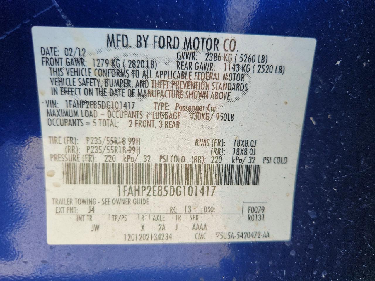2013 Ford Taurus Sel Blue vin: 1FAHP2E85DG101417