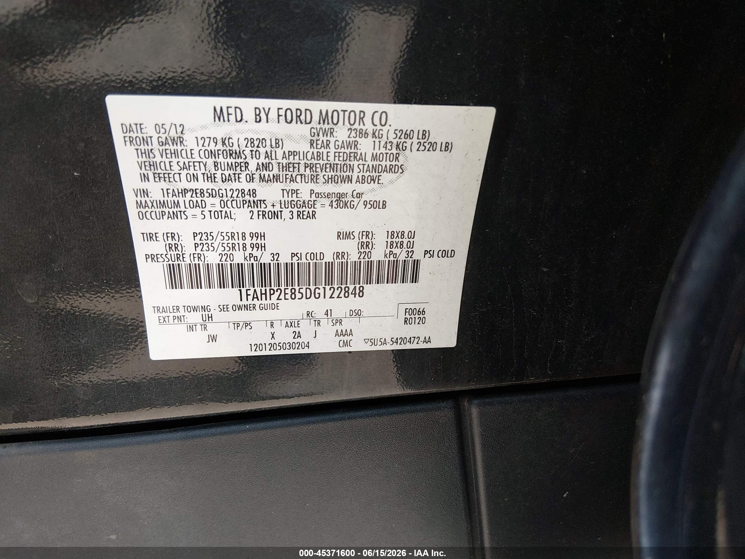 2013 Ford Taurus Sel Black vin: 1FAHP2E85DG122848