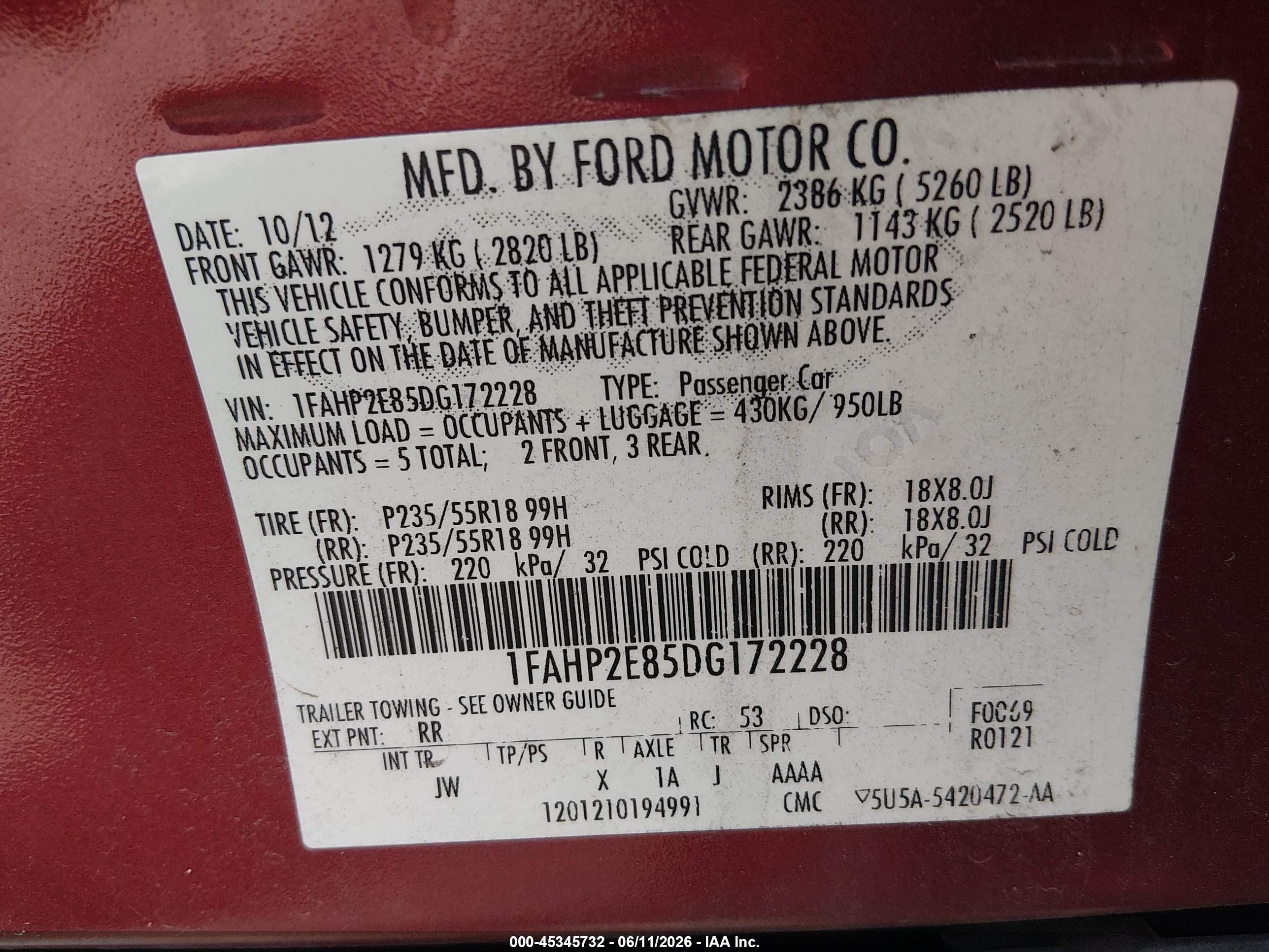 2013 Ford Taurus Sel Red vin: 1FAHP2E85DG172228