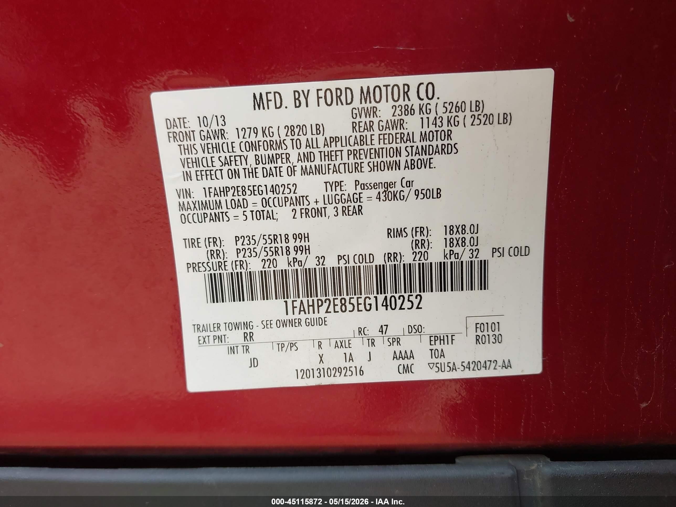 2014 Ford Taurus Sel Burgundy vin: 1FAHP2E85EG140252