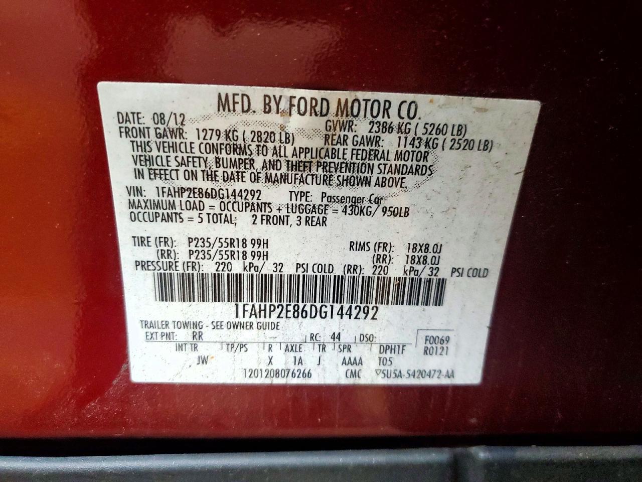 2013 Ford Taurus Sel Red vin: 1FAHP2E86DG144292