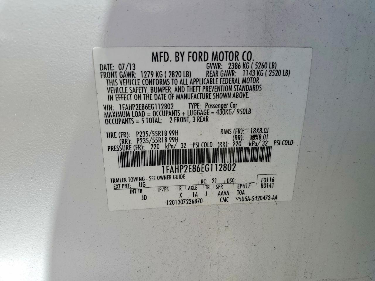 2014 Ford Taurus Sel White vin: 1FAHP2E86EG112802