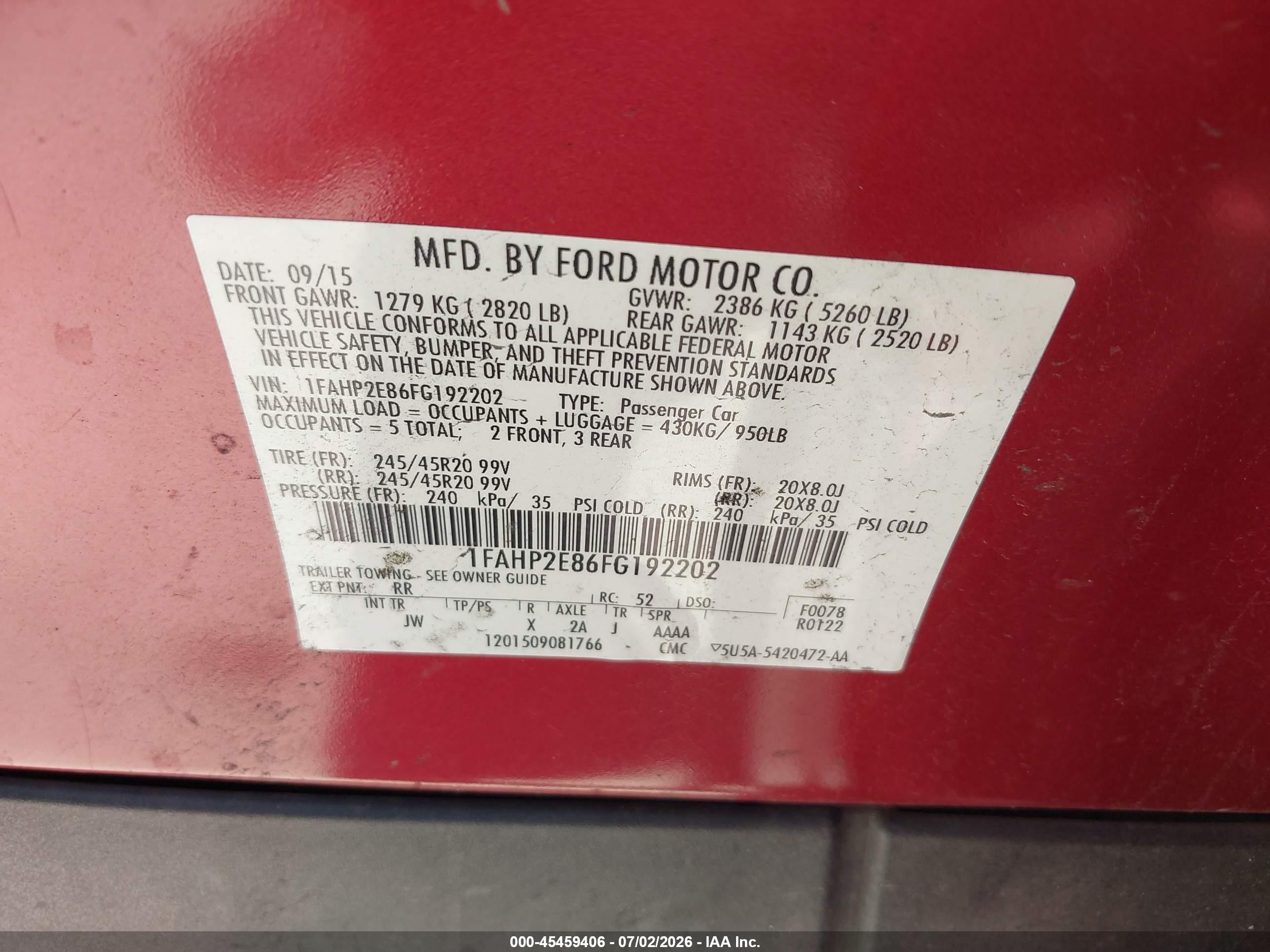 2015 Ford Taurus Sel Red vin: 1FAHP2E86FG192202