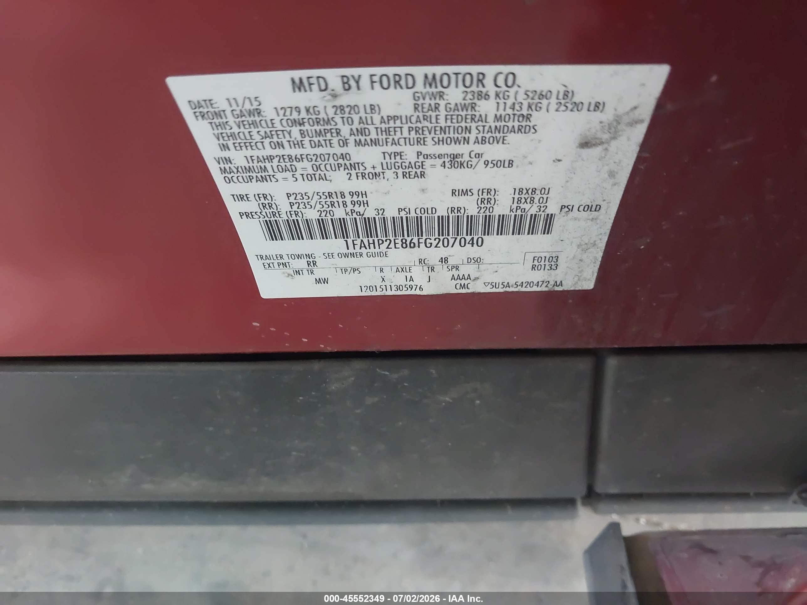 2015 Ford Taurus Sel Red vin: 1FAHP2E86FG207040
