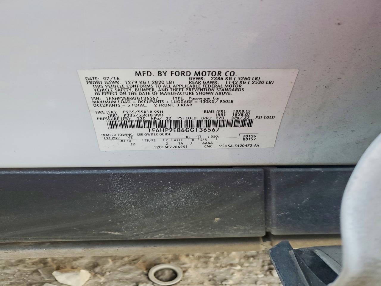 2016 Ford Taurus Sel White vin: 1FAHP2E86GG136567