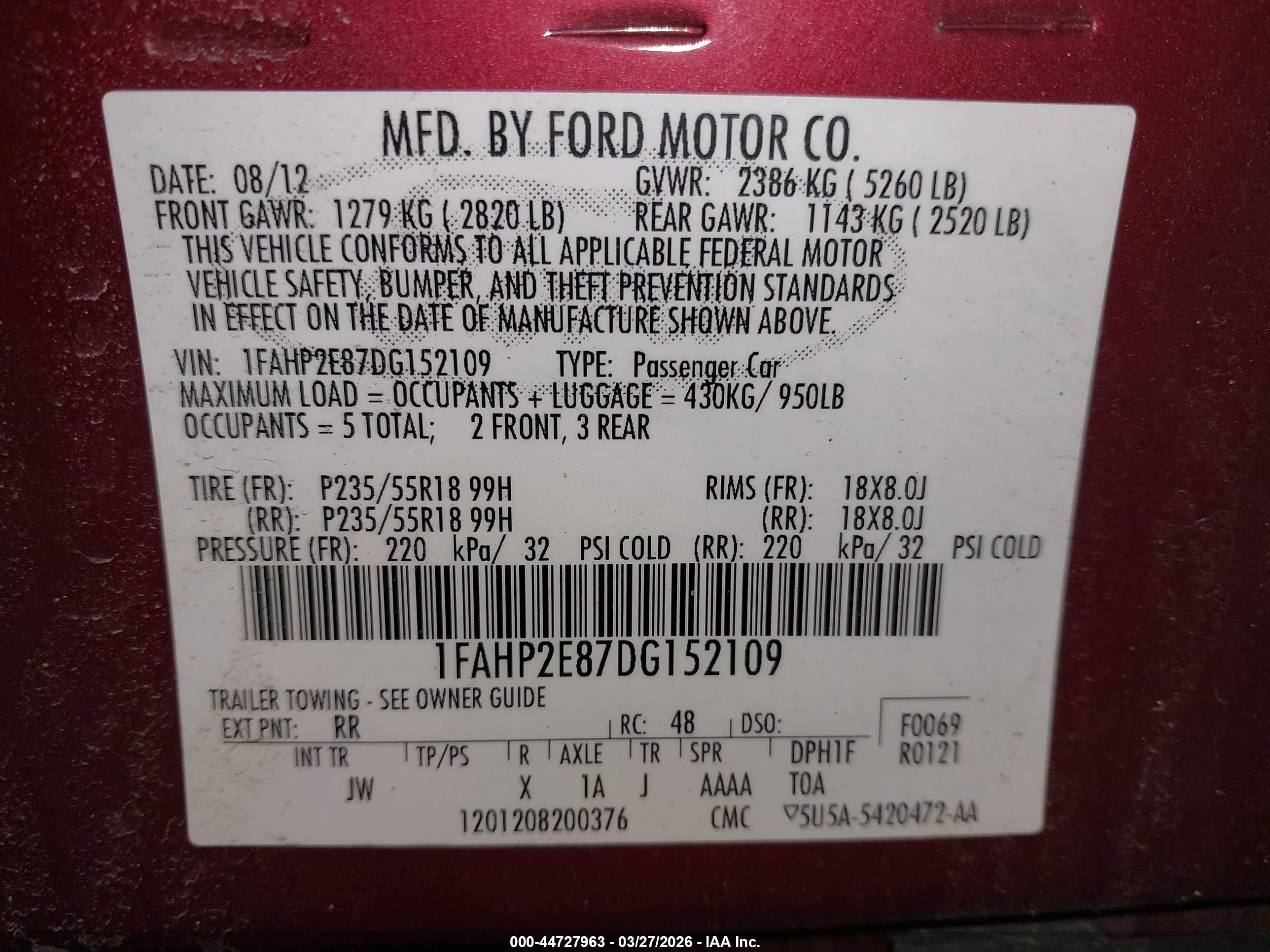 2013 Ford Taurus Sel Red vin: 1FAHP2E87DG152109