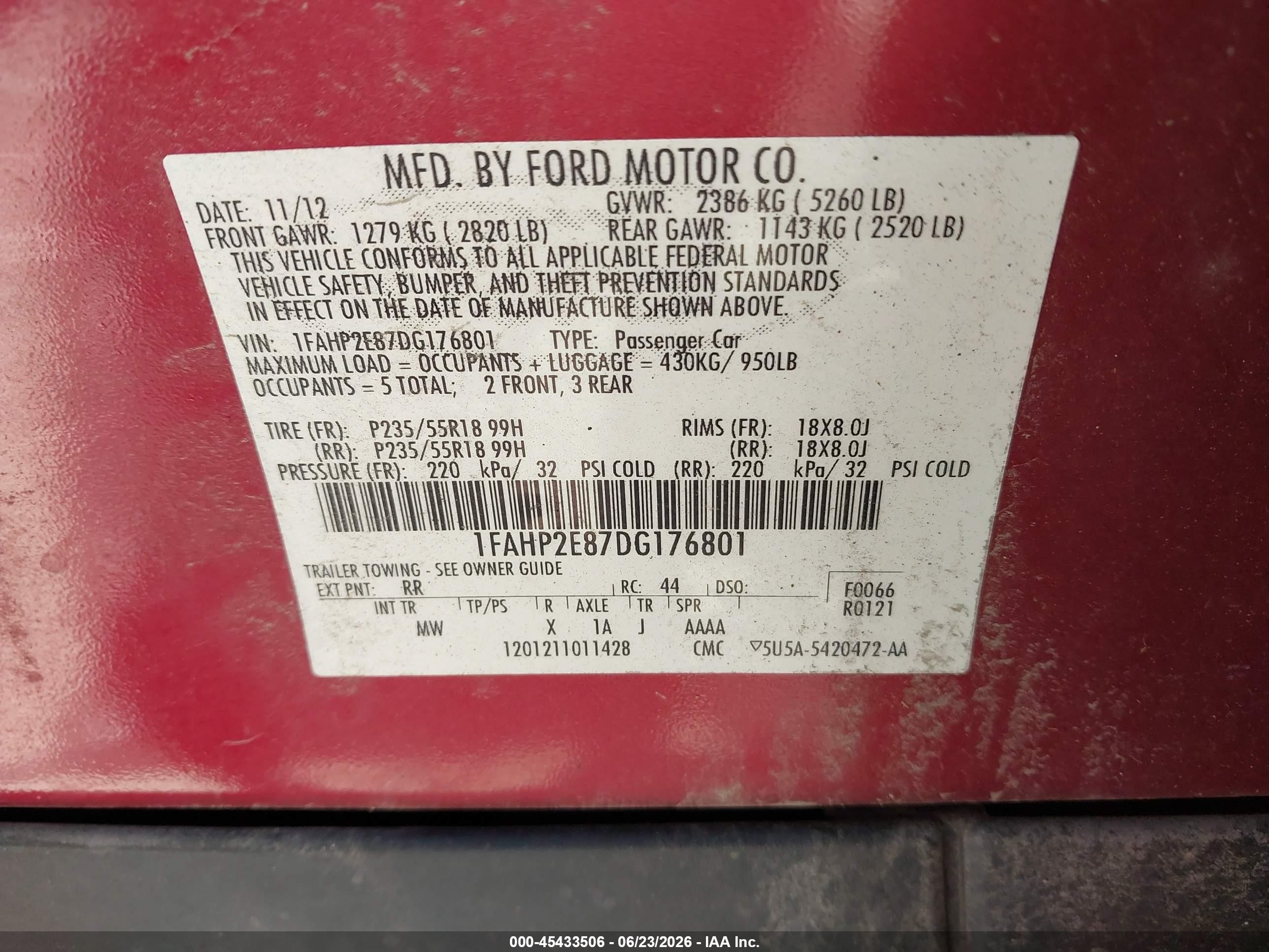 2013 Ford Taurus Sel Red vin: 1FAHP2E87DG176801