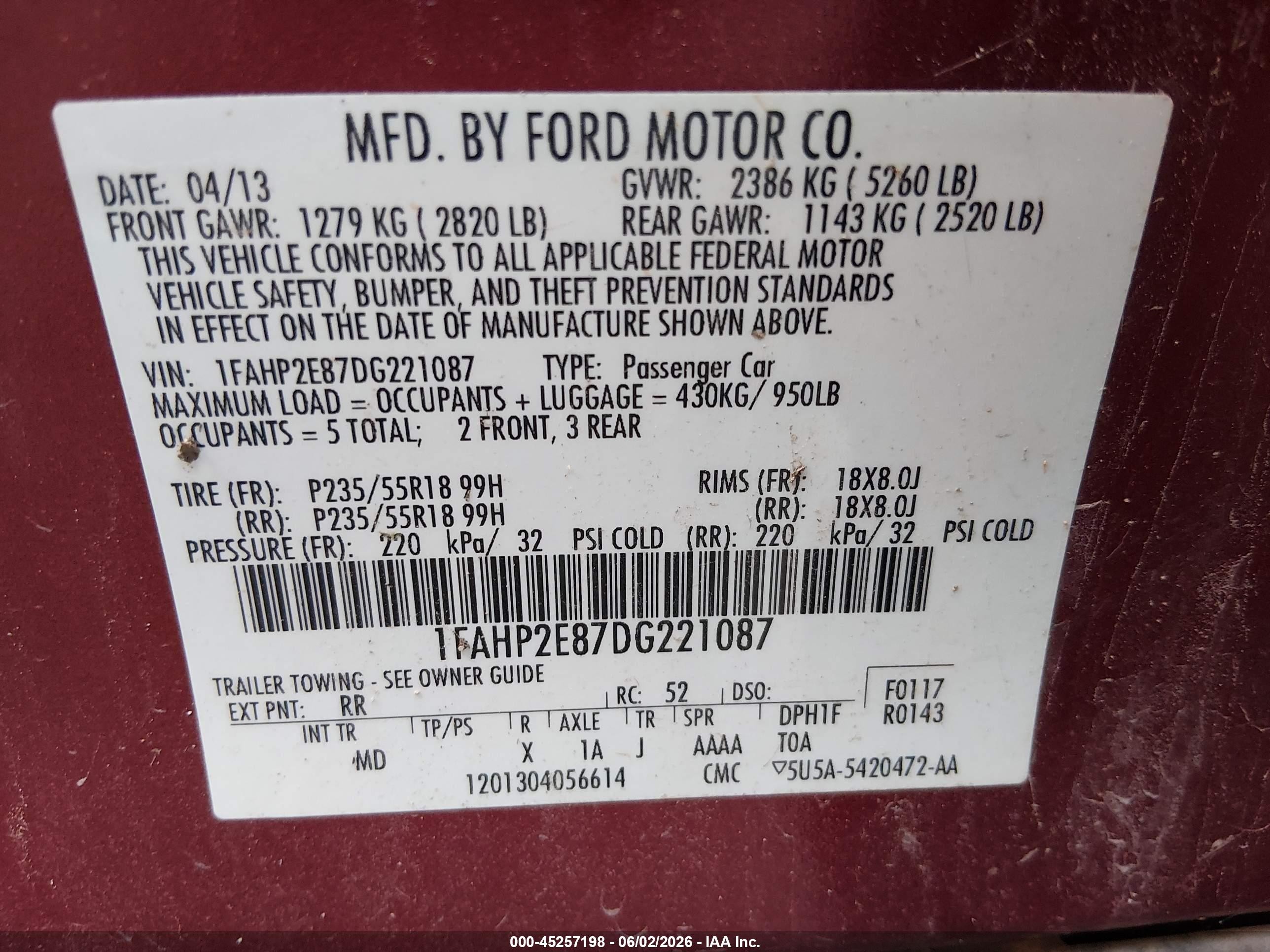 2013 Ford Taurus Sel Red vin: 1FAHP2E87DG221087