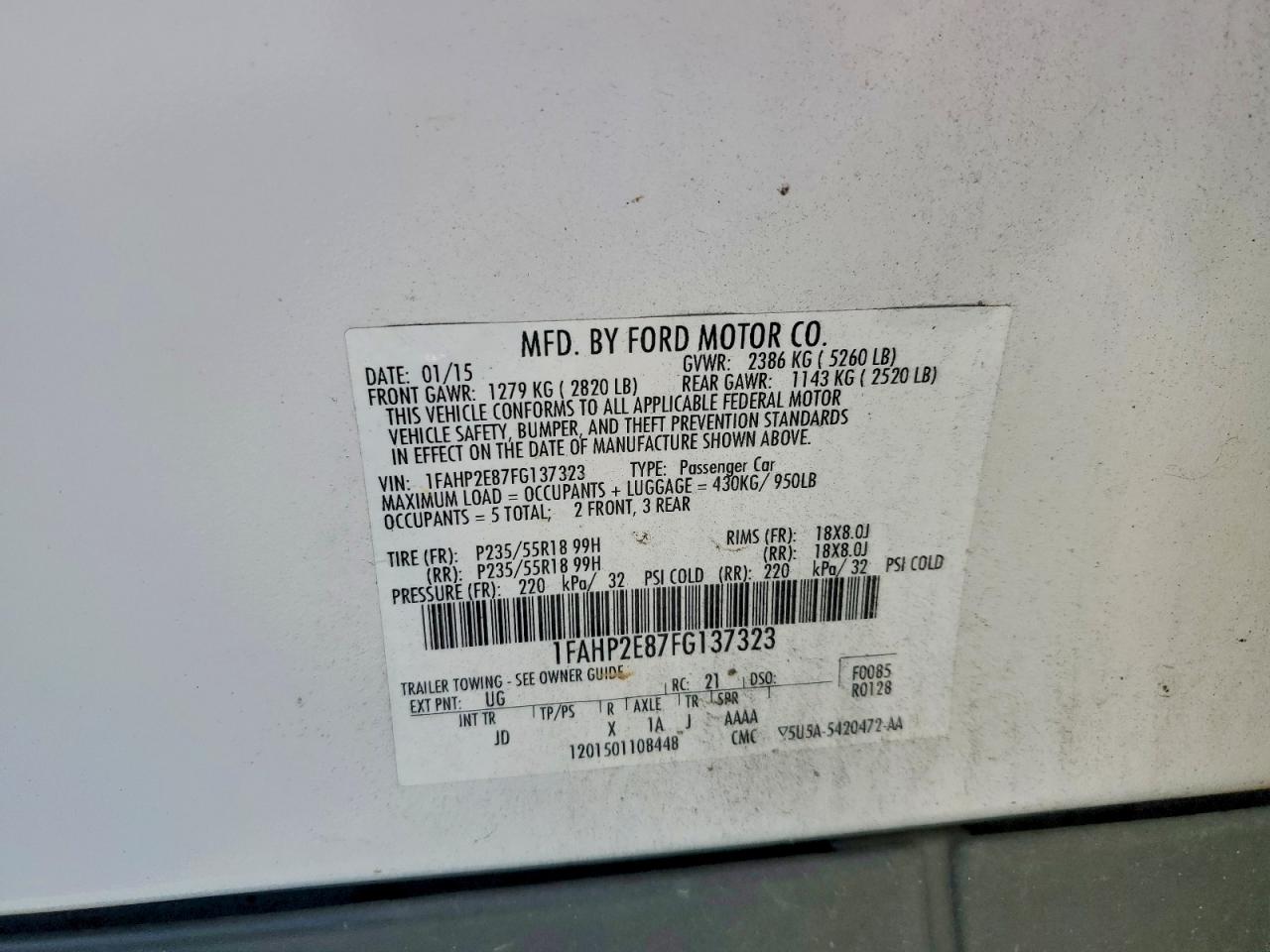 2015 Ford Taurus Sel White vin: 1FAHP2E87FG137323