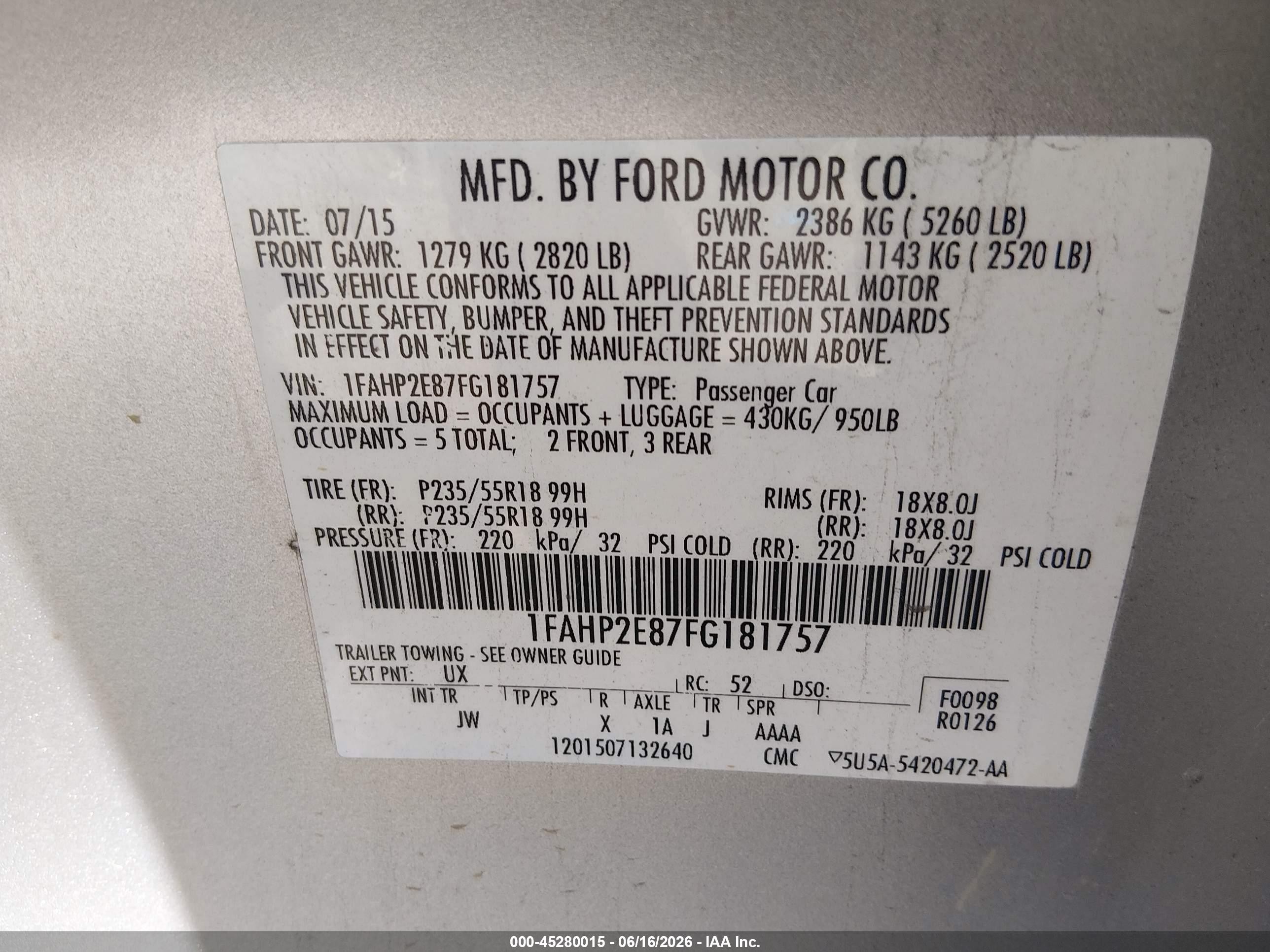 2015 Ford Taurus Sel Silver vin: 1FAHP2E87FG181757