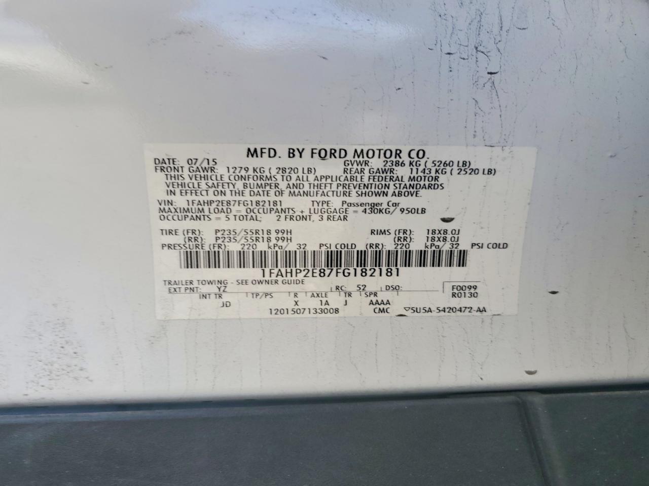 2015 Ford Taurus Sel White vin: 1FAHP2E87FG182181