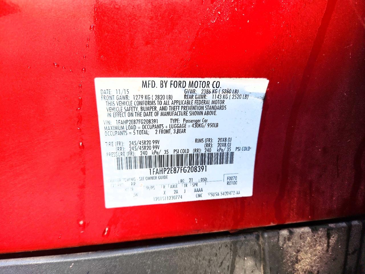 2015 Ford Taurus Sel Red vin: 1FAHP2E87FG208391