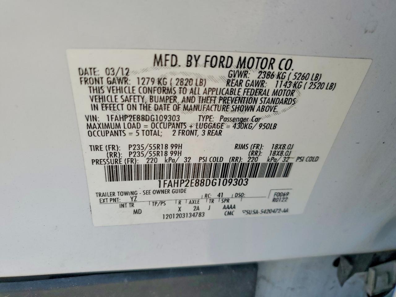 2013 Ford Taurus Sel Белый vin: 1FAHP2E88DG109303