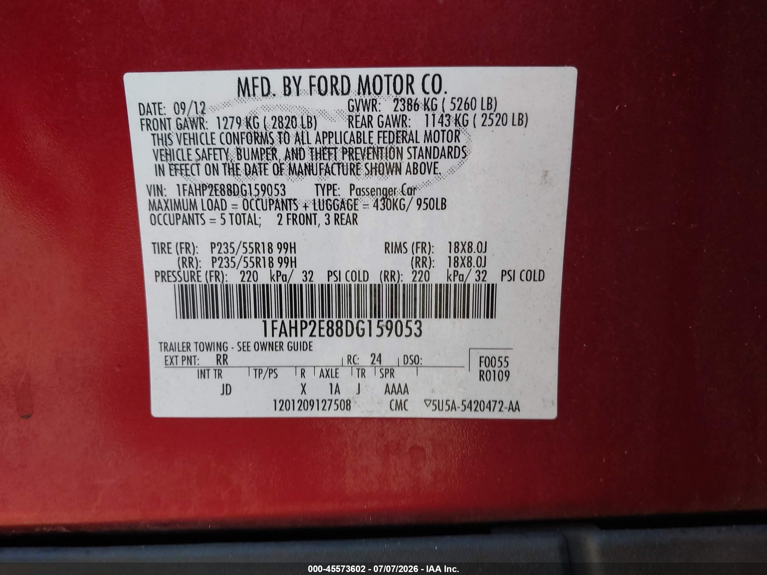 2013 Ford Taurus Sel Red vin: 1FAHP2E88DG159053