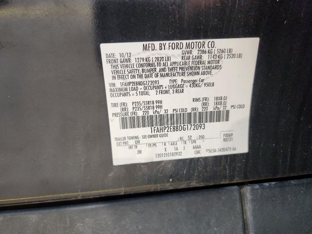 2013 Ford Taurus Sel Black vin: 1FAHP2E88DG172093