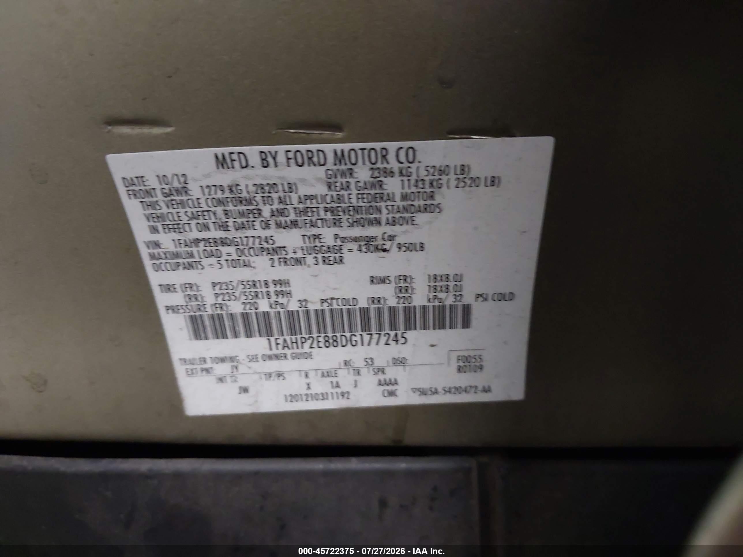 2013 Ford Taurus Sel Green vin: 1FAHP2E88DG177245