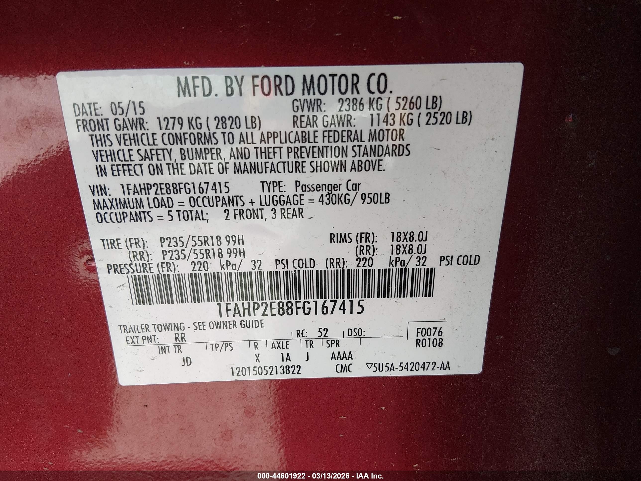 2015 Ford Taurus Sel Red vin: 1FAHP2E88FG167415