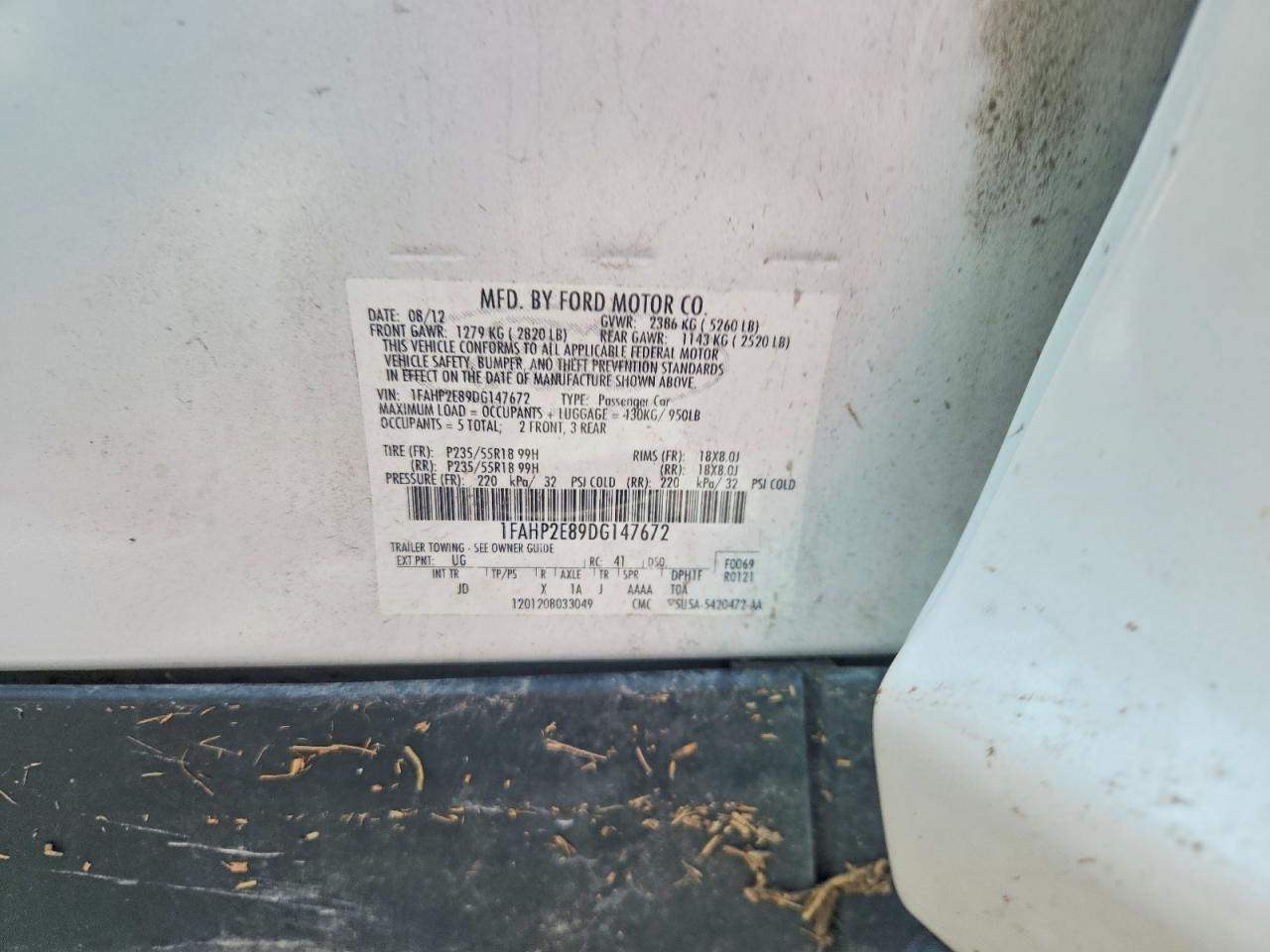 2013 Ford Taurus Sel White vin: 1FAHP2E89DG147672