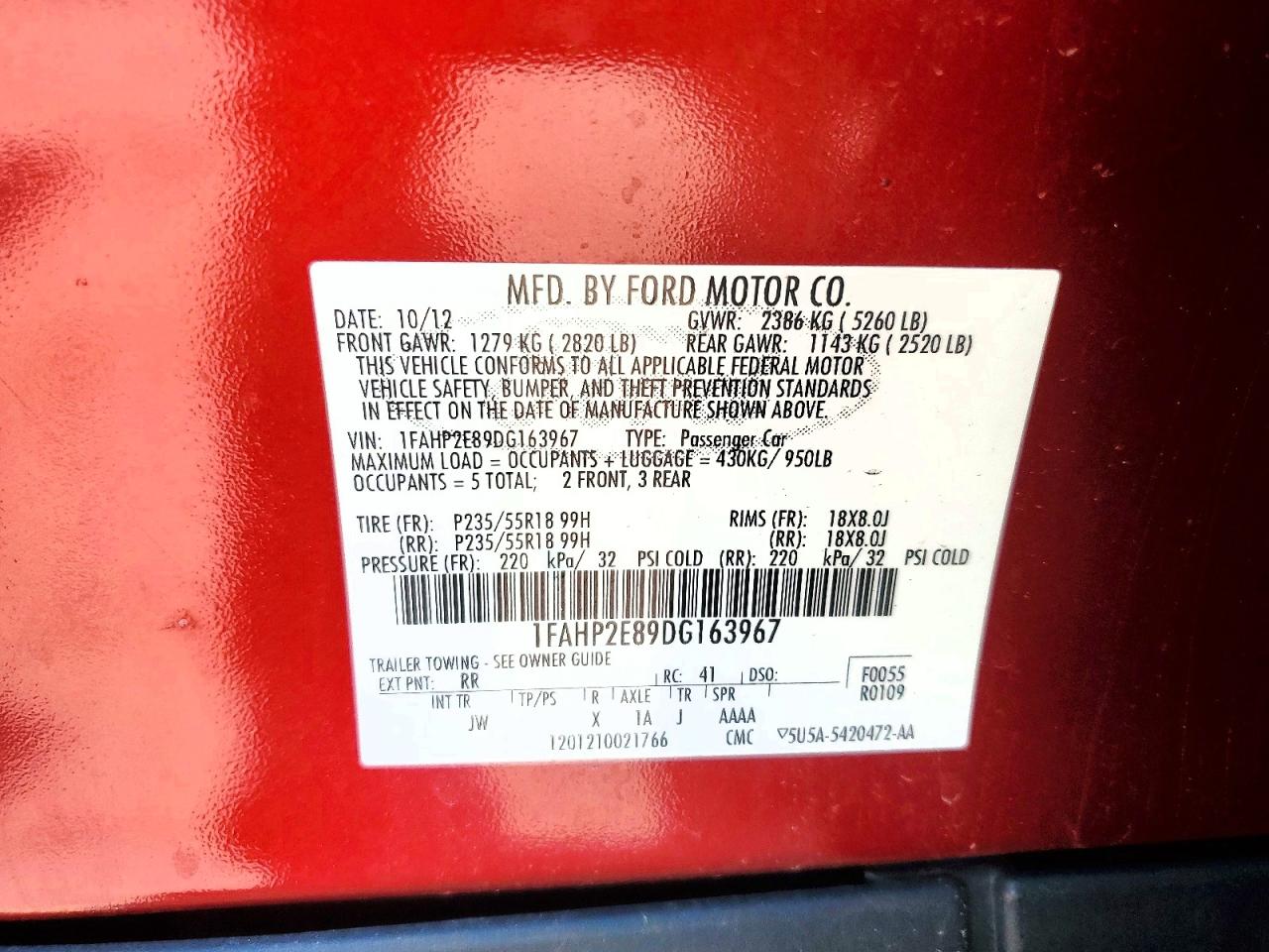 2013 Ford Taurus Sel Red vin: 1FAHP2E89DG163967