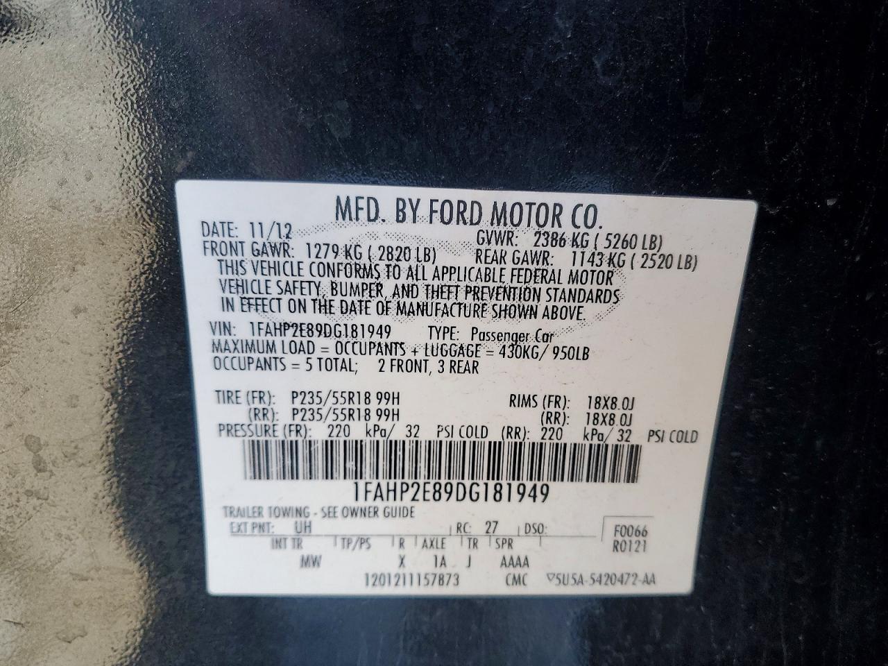 2013 Ford Taurus Sel Black vin: 1FAHP2E89DG181949