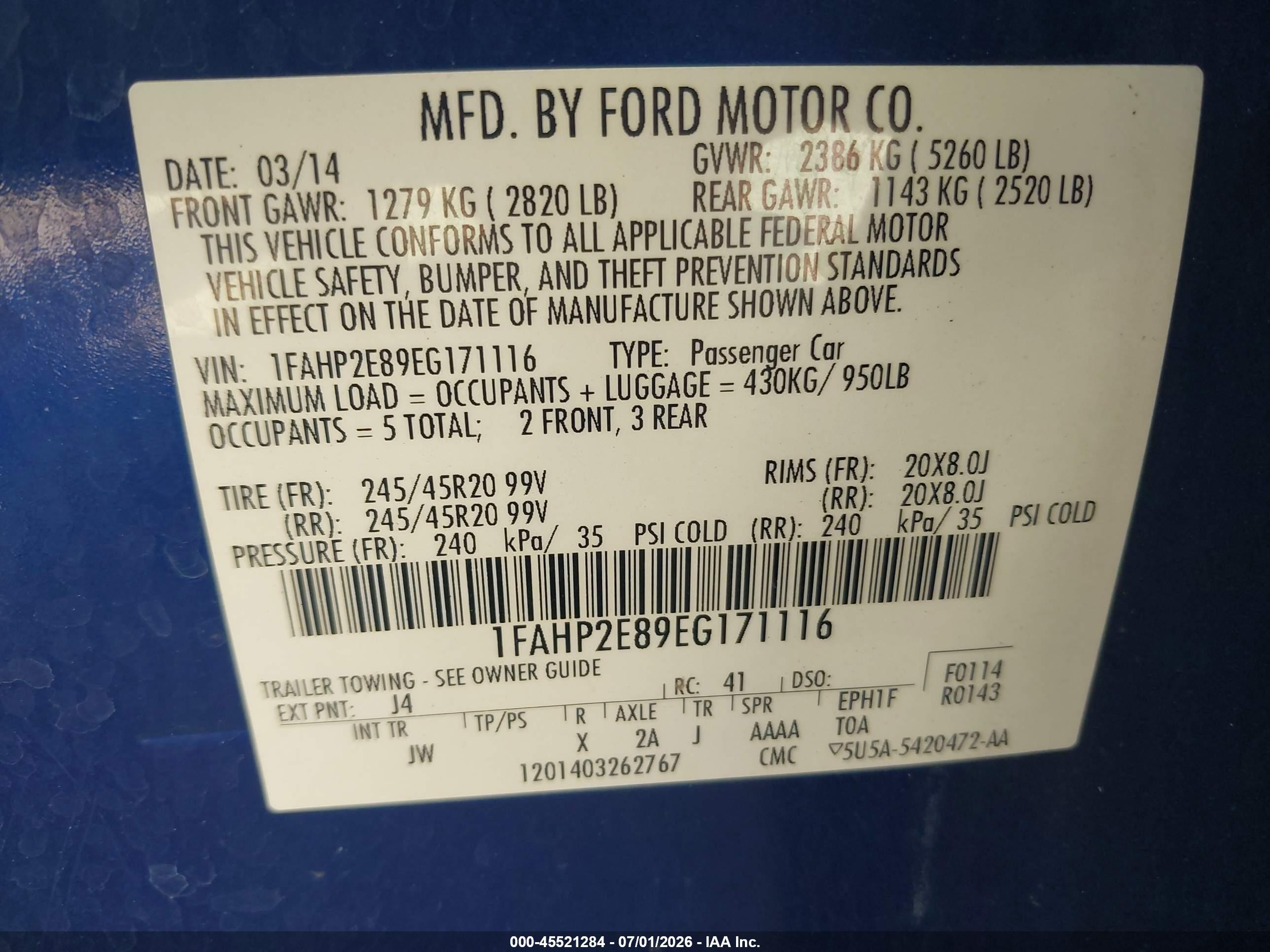 2014 Ford Taurus Sel Blue vin: 1FAHP2E89EG171116