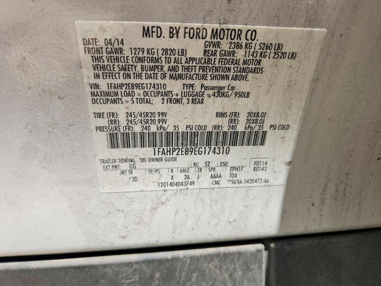 2014 Ford Taurus Sel Белый vin: 1FAHP2E89EG174310