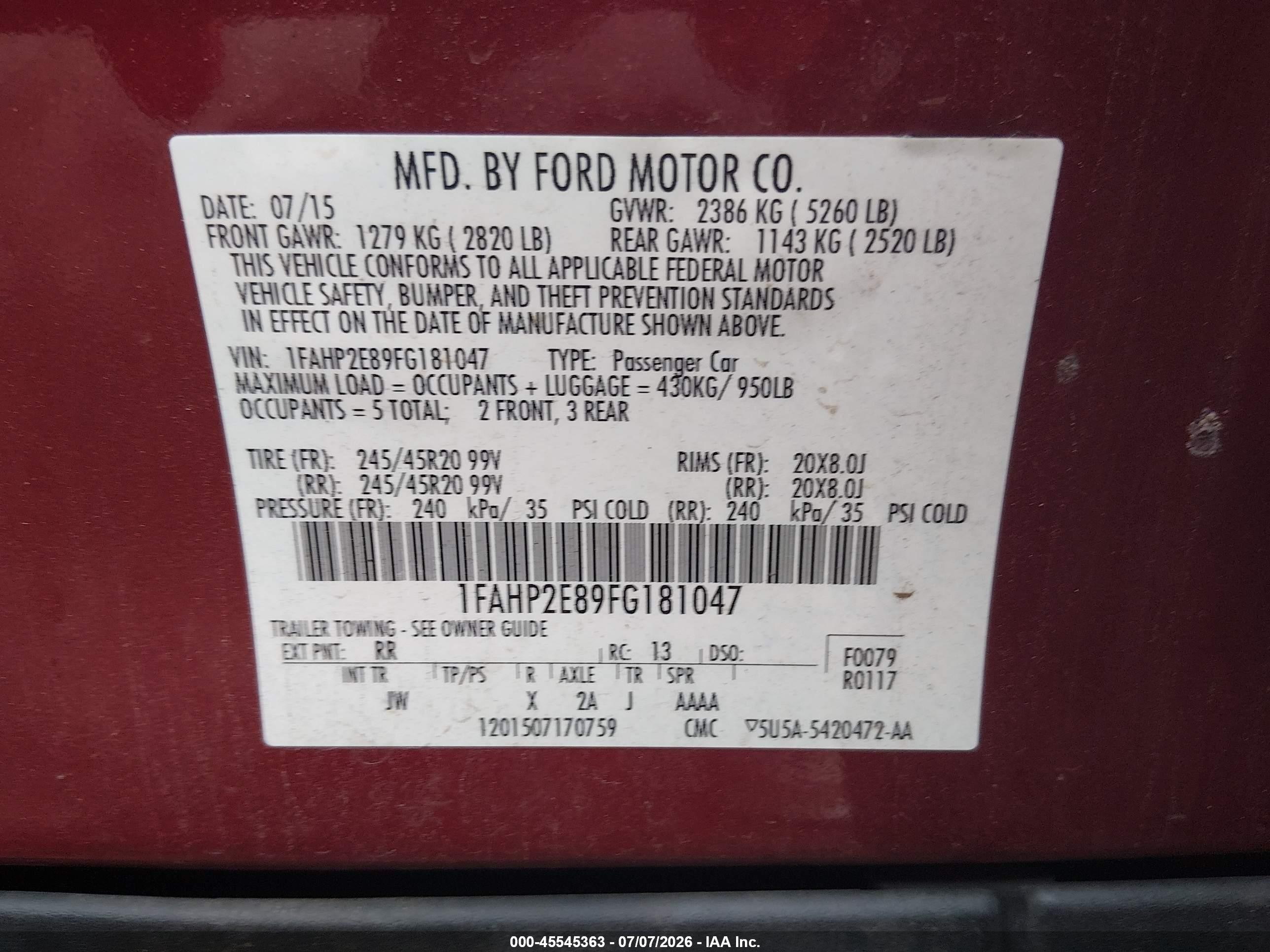 2015 Ford Taurus Sel Red vin: 1FAHP2E89FG181047