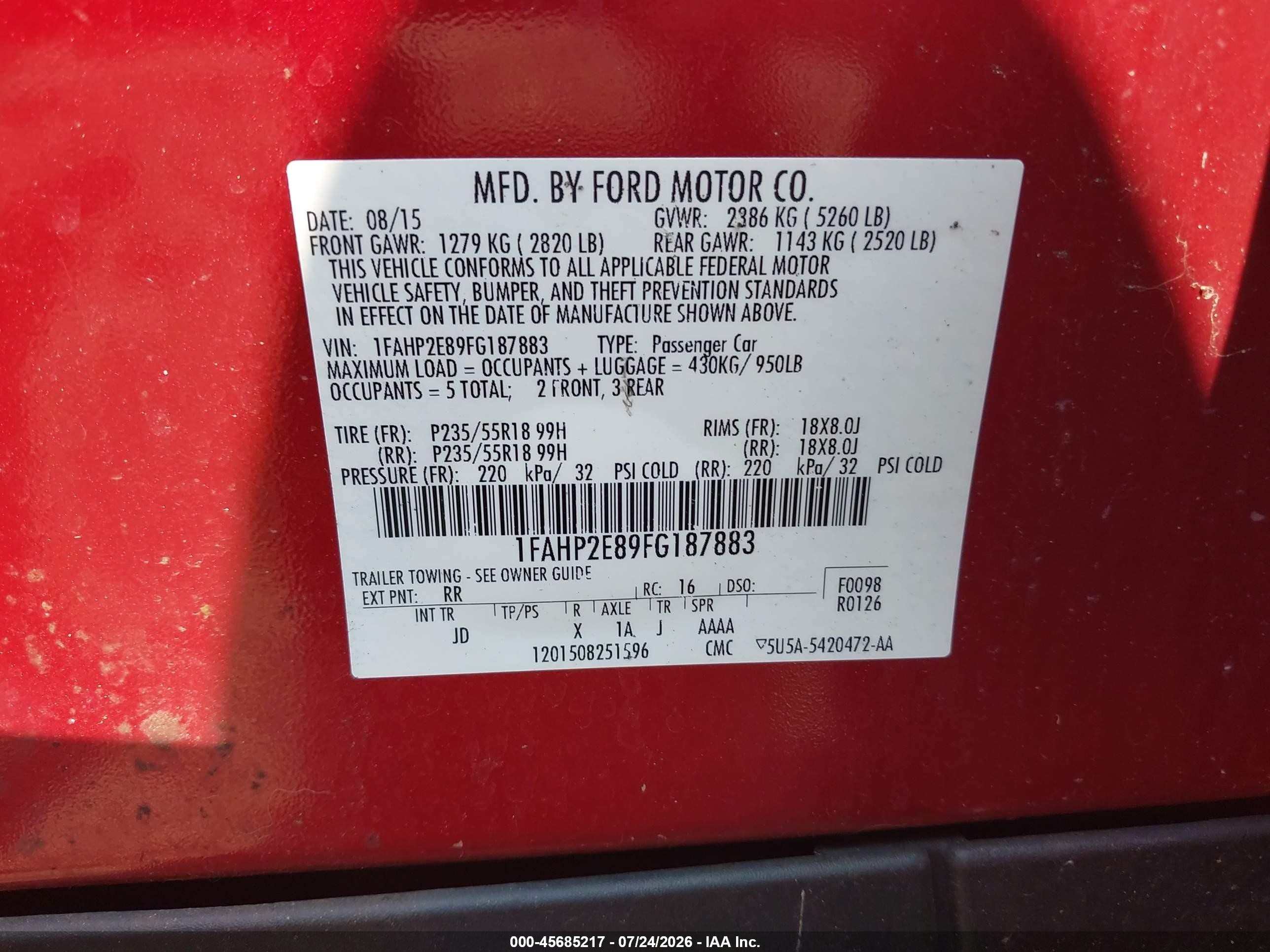 2015 Ford Taurus Sel Red vin: 1FAHP2E89FG187883