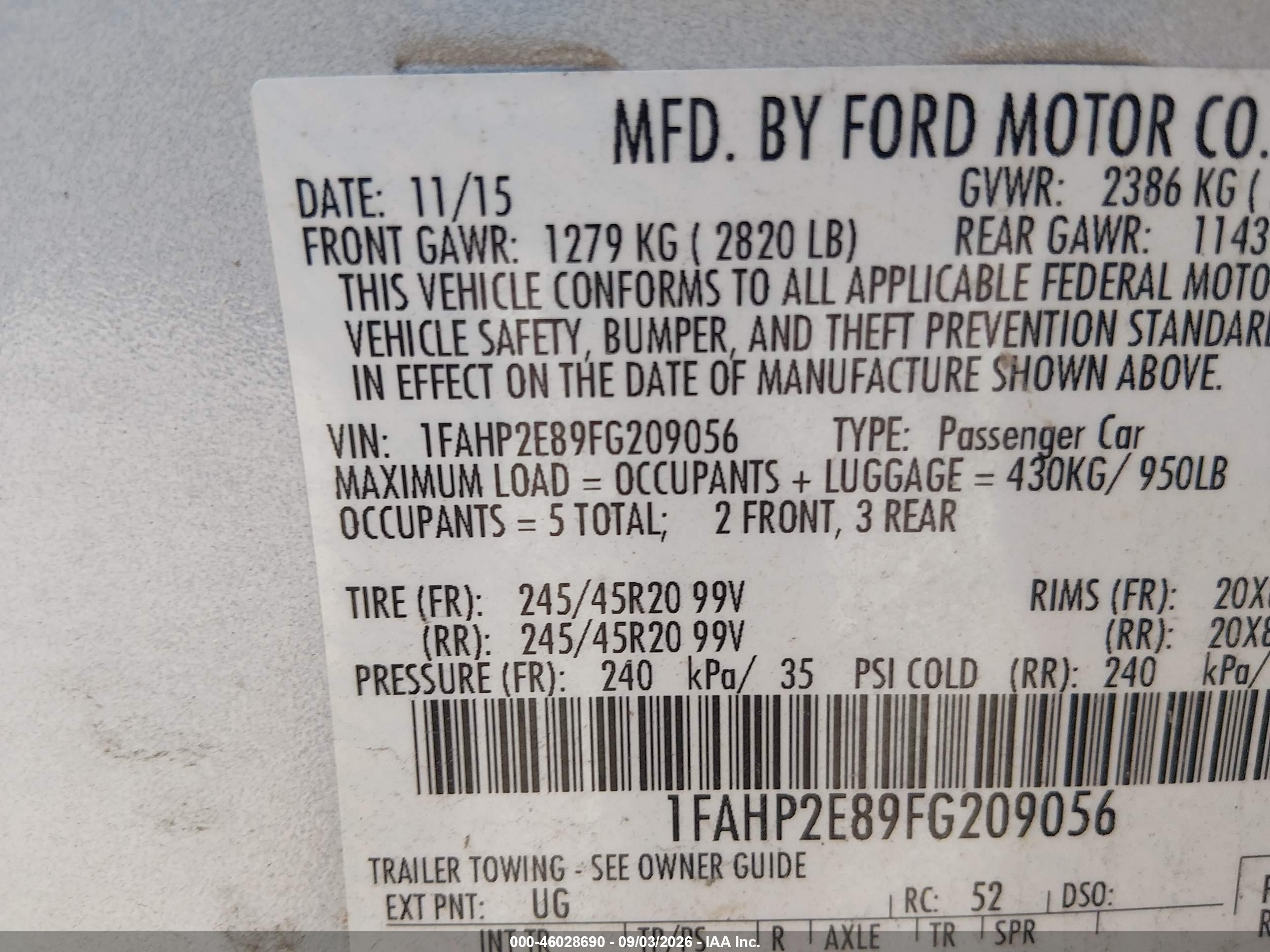 2015 Ford Taurus Sel White vin: 1FAHP2E89FG209056