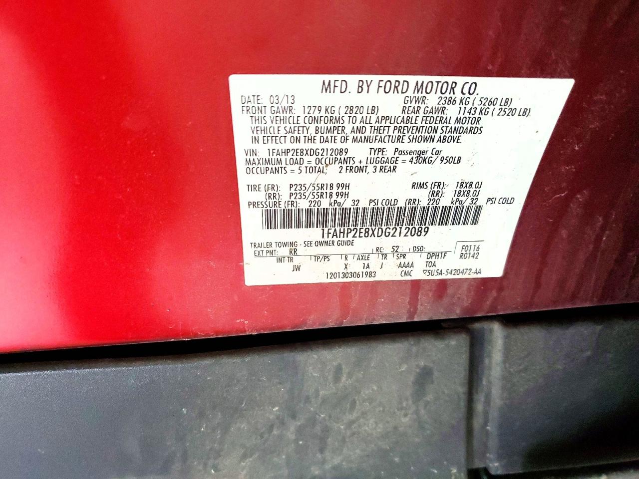 2013 Ford Taurus Sel Red vin: 1FAHP2E8XDG212089