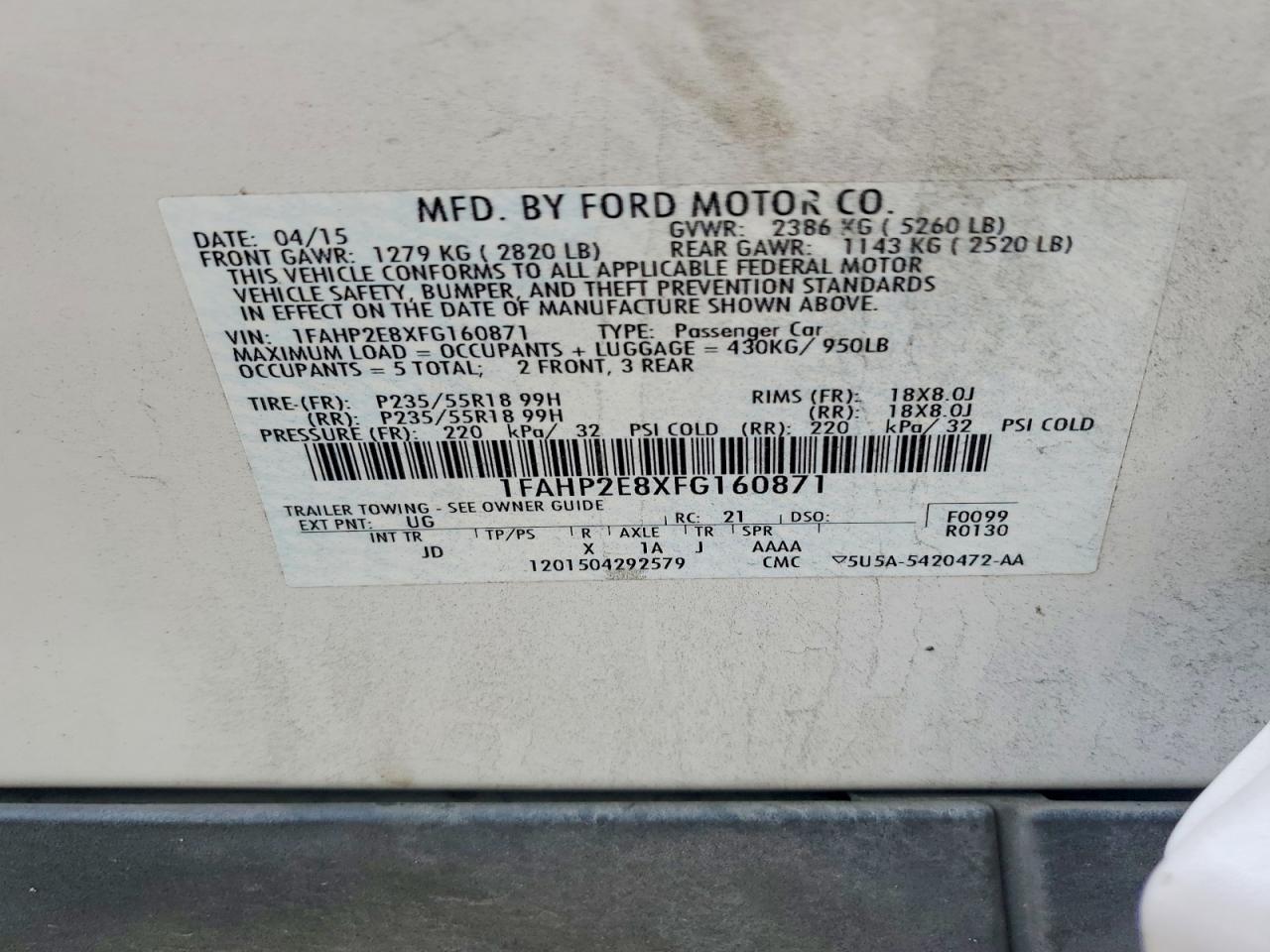 2015 Ford Taurus Sel White vin: 1FAHP2E8XFG160871