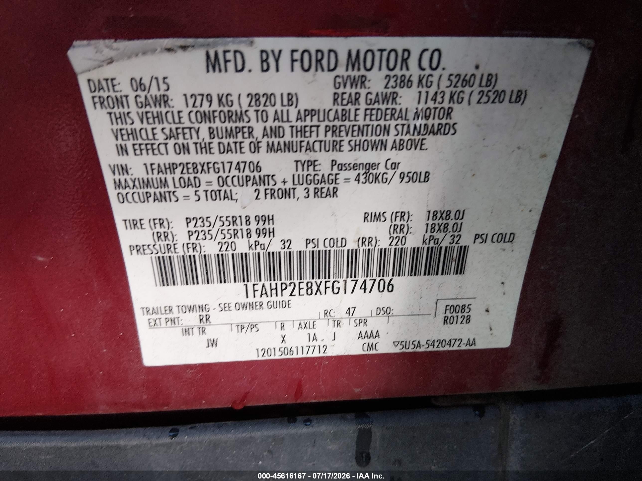 2015 Ford Taurus Sel Red vin: 1FAHP2E8XFG174706