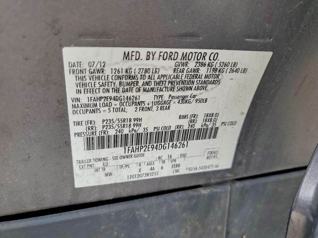 2013 Ford Taurus Sel Серый vin: 1FAHP2E94DG146261