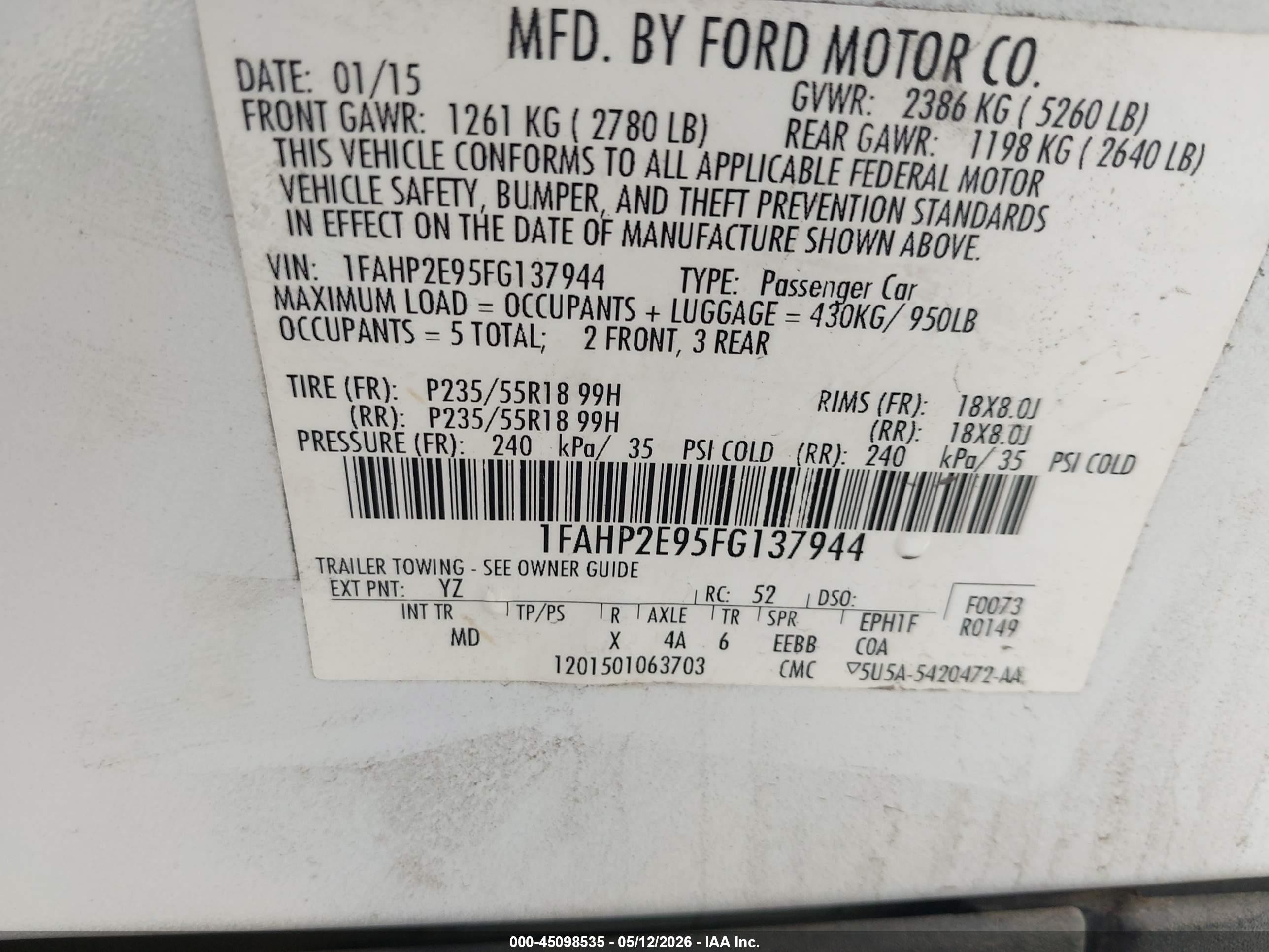2015 Ford Taurus Sel White vin: 1FAHP2E95FG137944